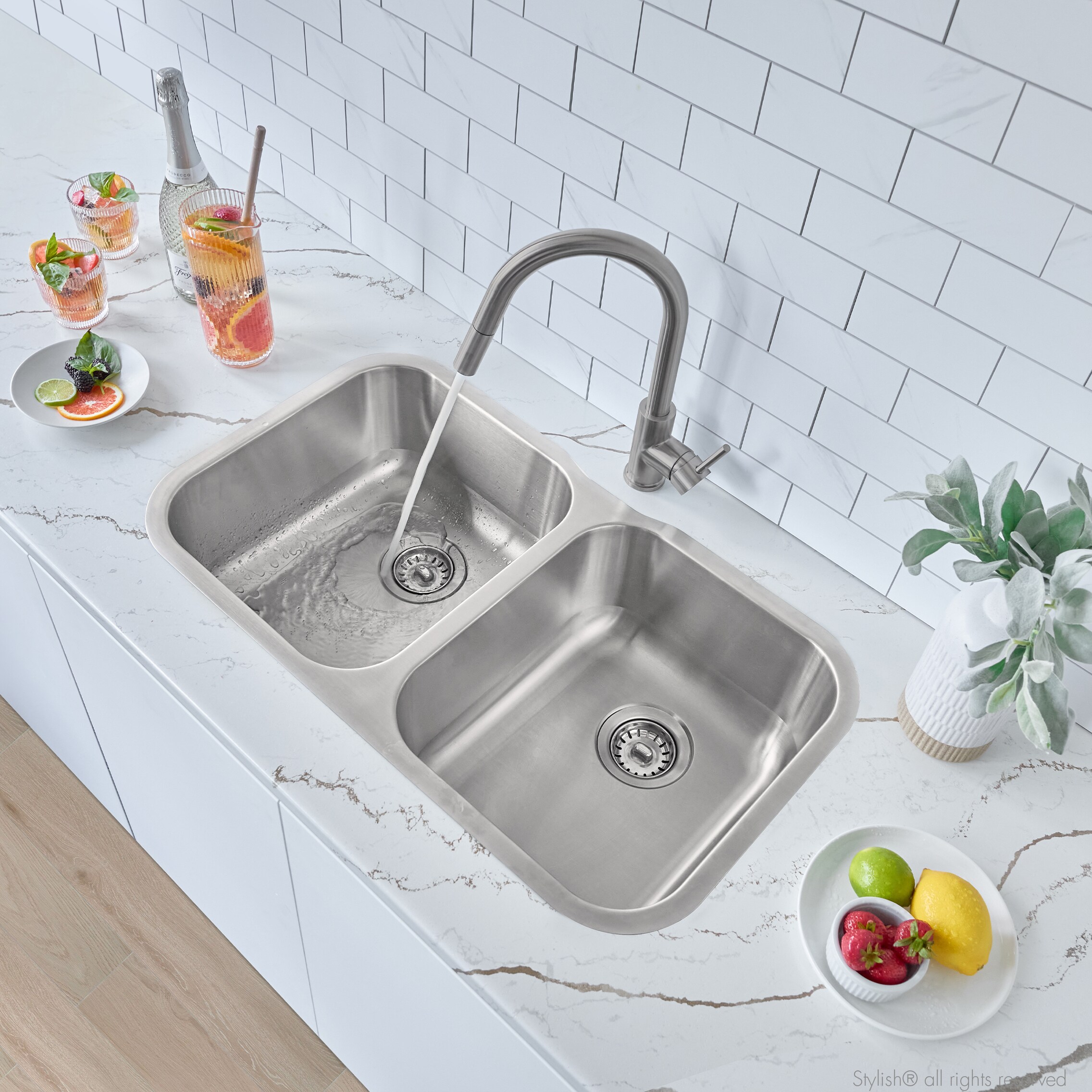 Moen Lainie Dual-mount 33-in x 22-in Stainless Steel Double Offset Bowl  2-Hole Kitchen Sink All-in-one Kit in the Kitchen Sinks department at