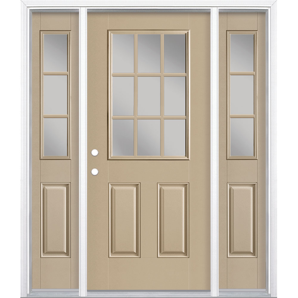 Masonite 1218784 60-in x 80-in x 4-9/16-in Fiberglass Half lite Right-hand inswing Sandy Shore Painted Prehung Front Door with Sidelights with Brickmould Insulating core with Grilles