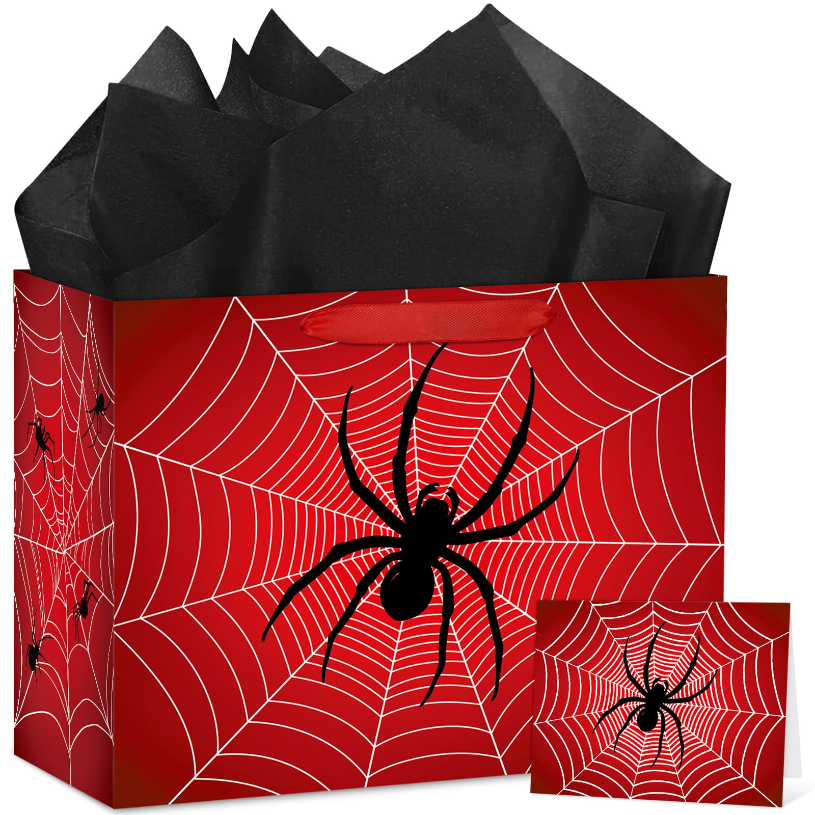 KIWDZFU  Spider Birthday Gift Bag with Handles Wrapping Paper Greeting Card for Boys Kids Men Goodie Treat Party Gift Box Black Red Spider Web