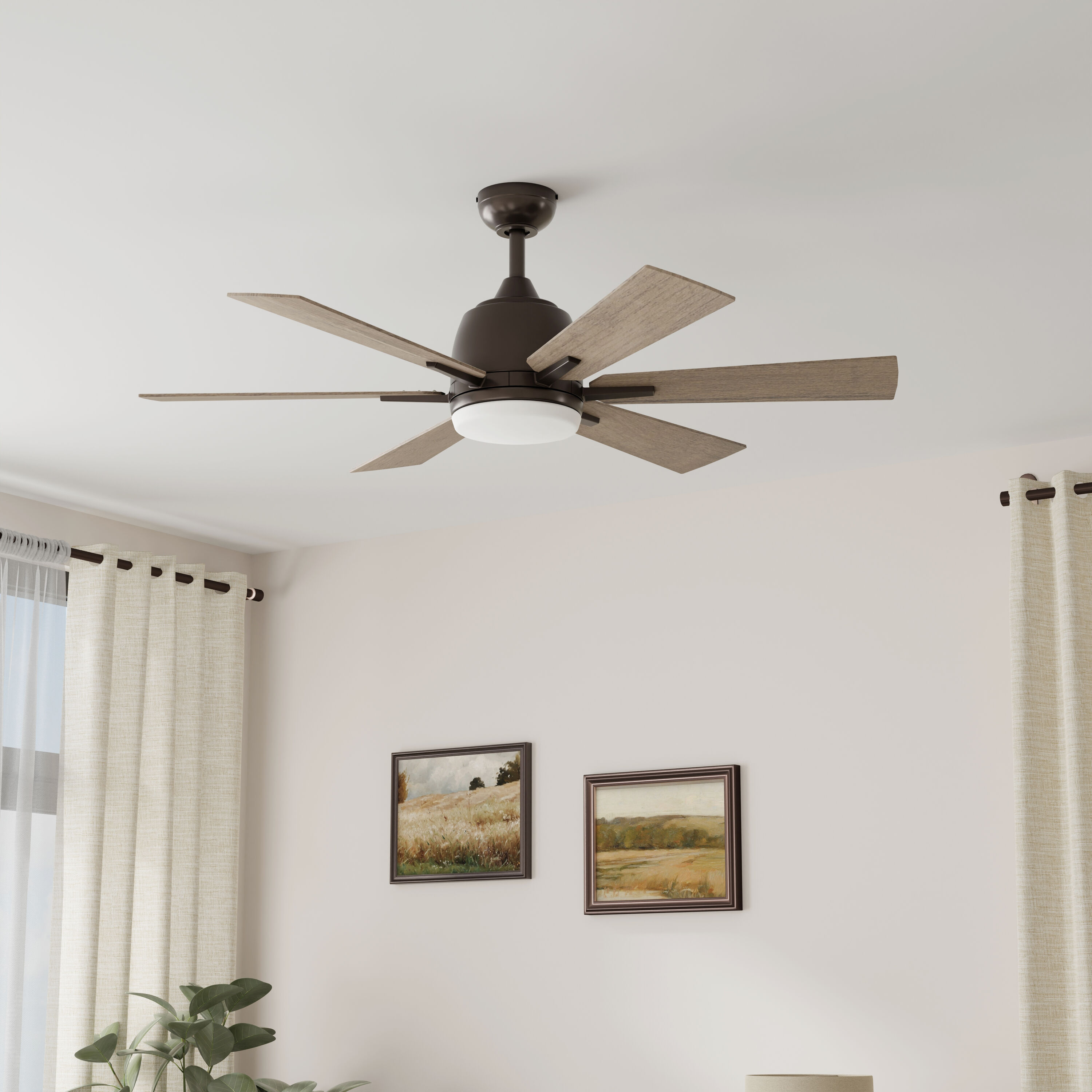 Harbor Breeze BRD48OSB6LR Bradbury 48-in Integrated LED Downrod or Flush Mount Bronze with Aged Cherry/Walnut Blades Ceiling Fan With Light - Remote Included ( 6 -Blade )