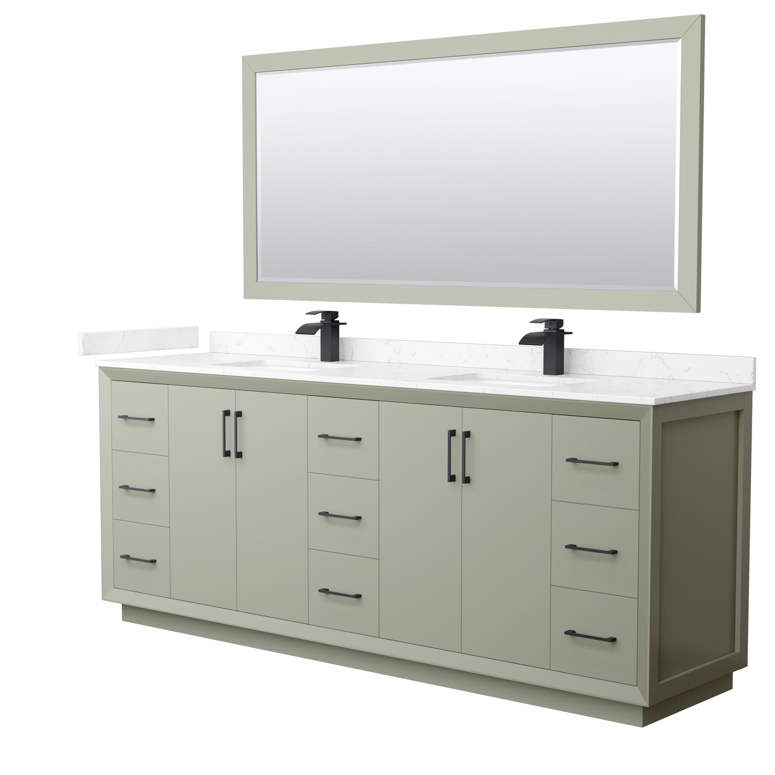 Wyndham Collection WCF414184DLBC2UNSM70 Strada 84-in Light Green with Matte Black Trim Undermount Double sink Bathroom Vanity with Carrara cultured marble Cultured marble Top (Mirror Included)
