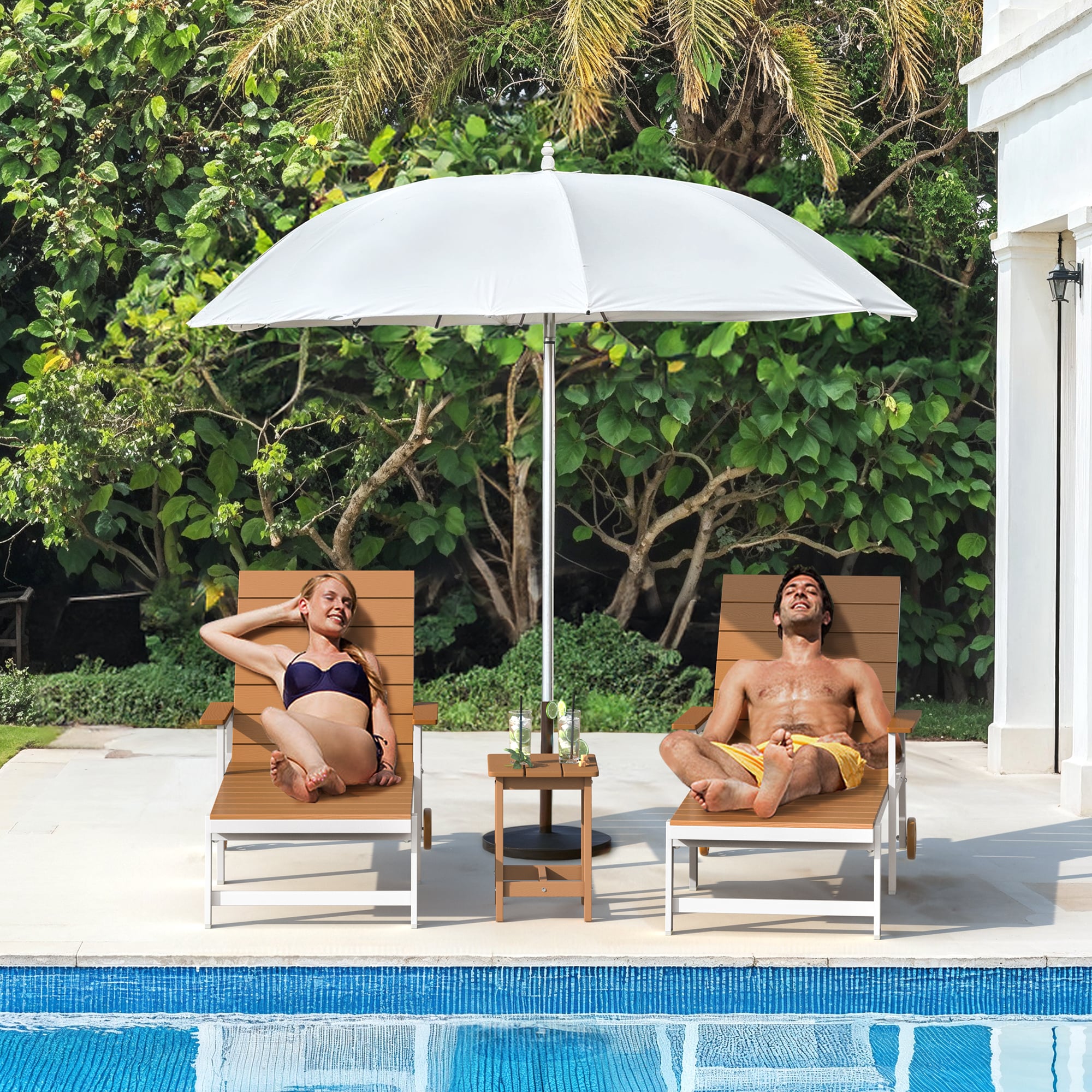Yurevna 2JT-005-01LS Chaise lounge Set of 2 Teak HDPE Frame Stationary Chaise Lounge Chair with Slat Seat