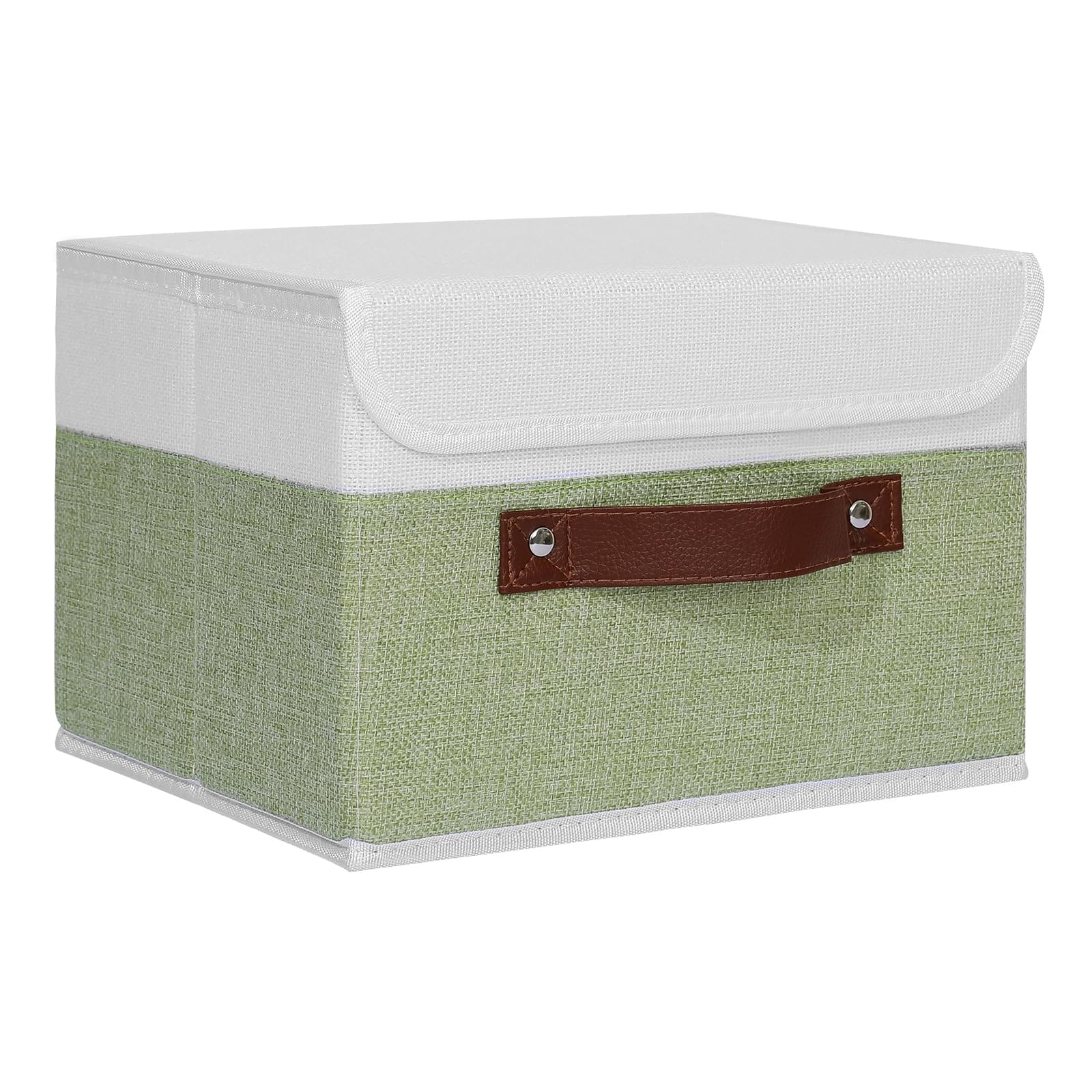 LAIFUCAM Small Green White Storage Box with Lid Foldable Linen Fabric Organizer Cube with Faux Leather Handle Stackable Washable Bin for Closet #LLA0707A100