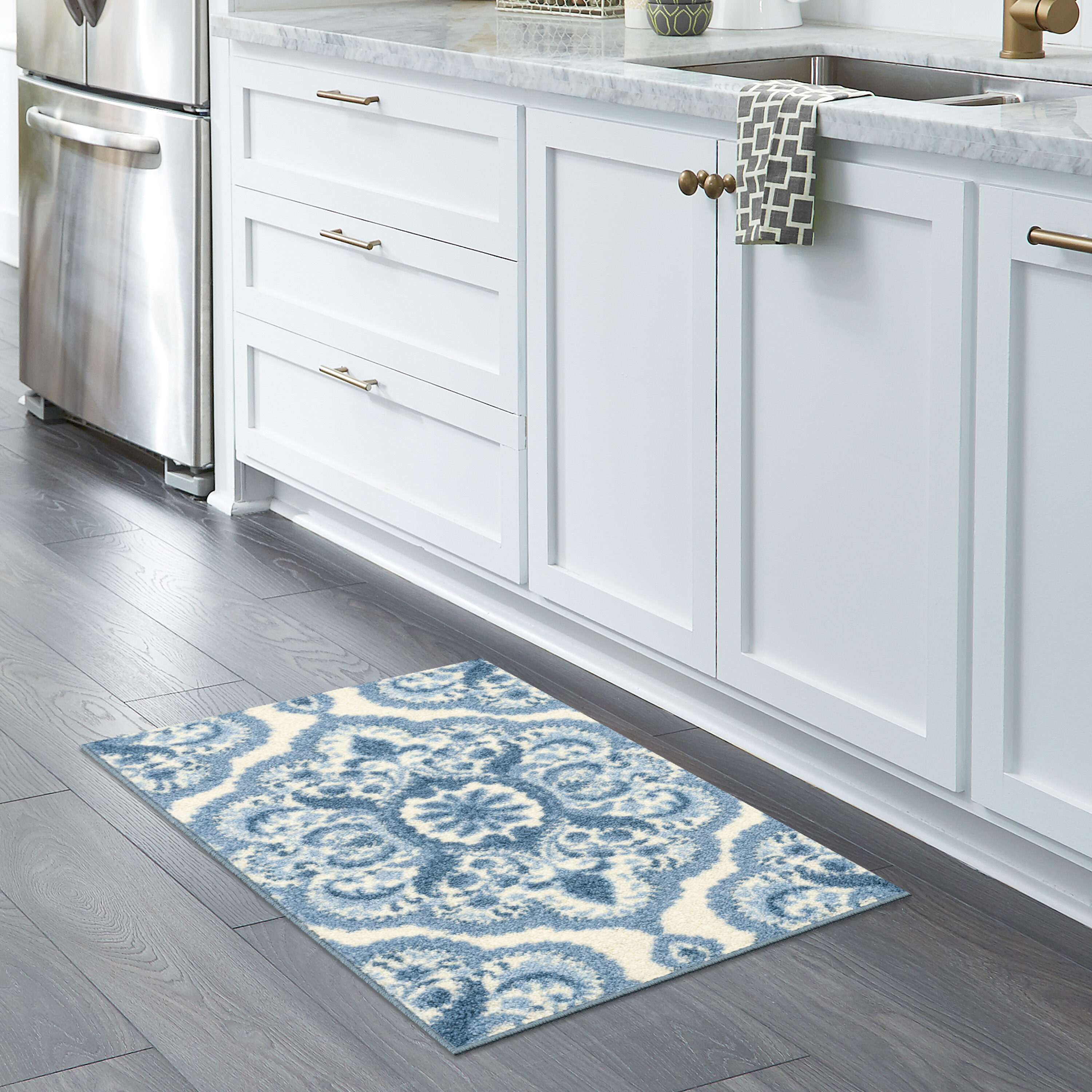 Blue Floral Medallion Washable Tufted Kids Area Rug