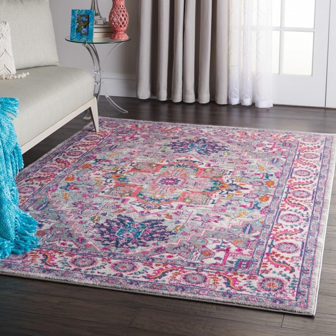 4' x 6' Gray and Pink Medallion Synthetic Area Rug