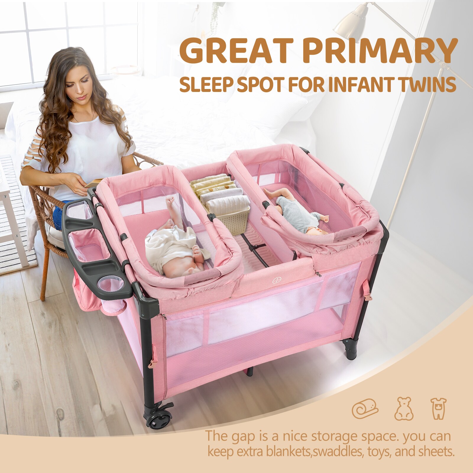 JOYMOR Twin Bassinet for Baby Bedside Sleeper and Playpen with