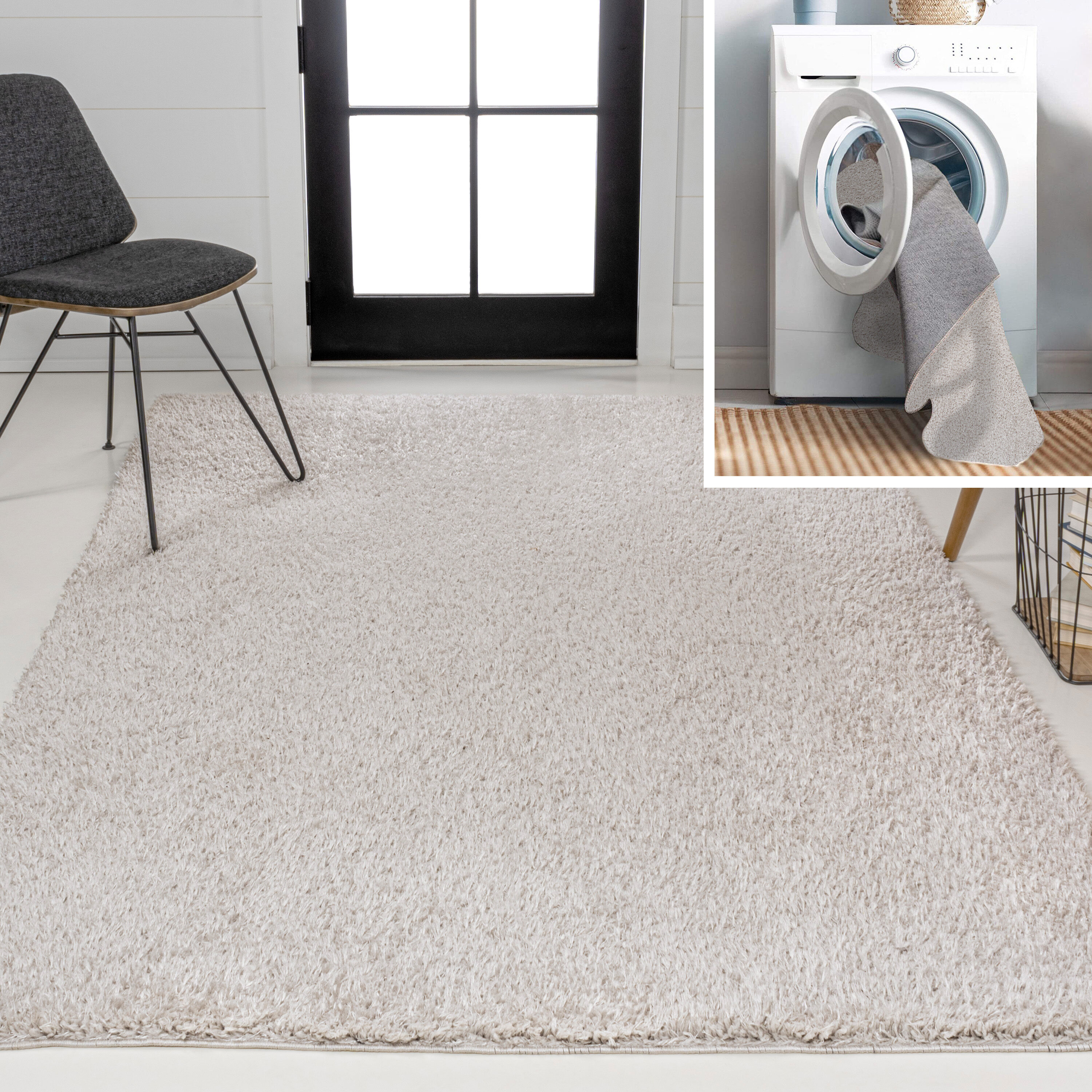 JONATHAN  Y WSH400C-5 WASHABLE Clayton Coastal Solid Glam Shag 5 x 7 (ft) Loomed Polyester Light Gray Rectangular Indoor Solid Coastal Machine washable Area rug