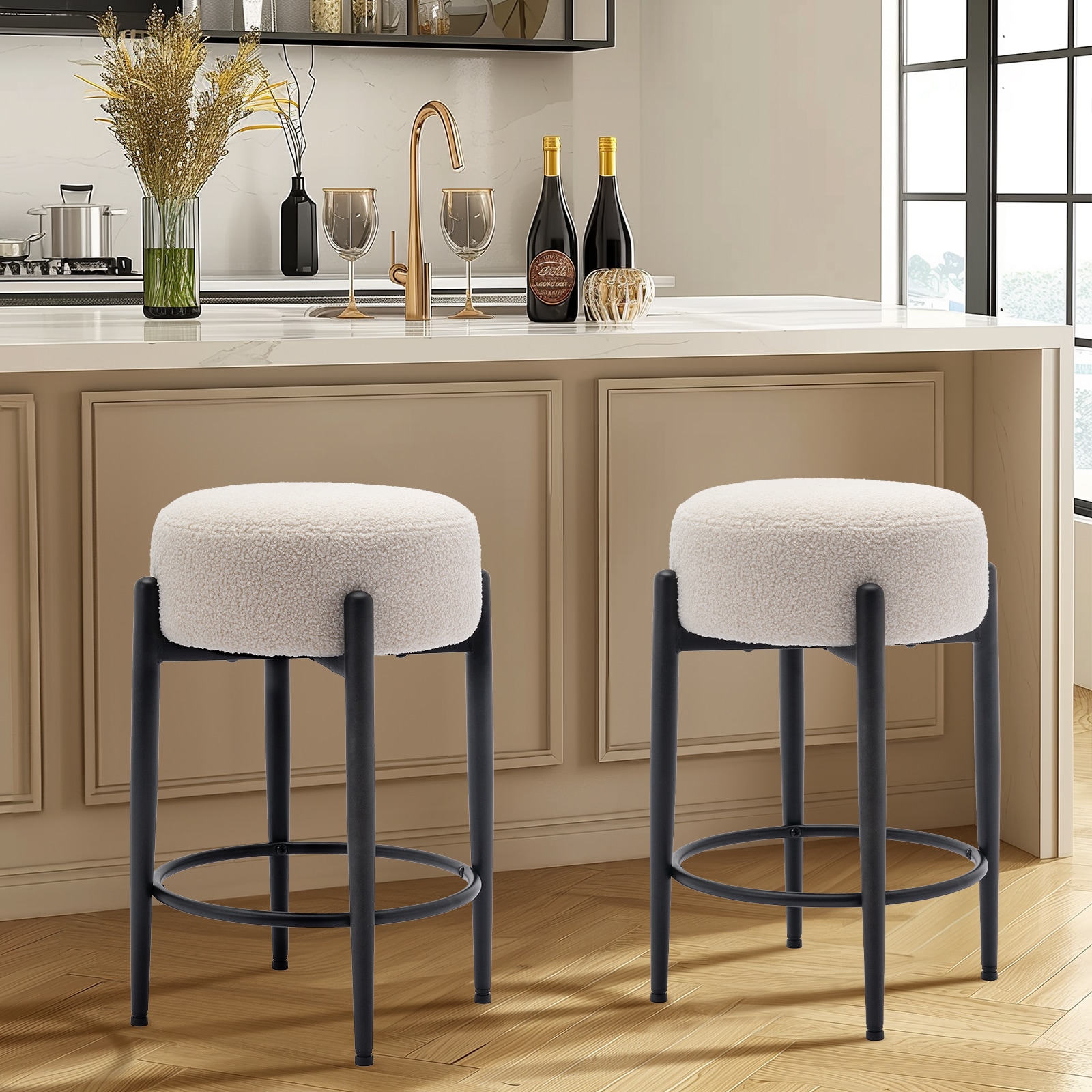ViviHav - 24-in H Counter Height Bar Stools Cream Upholstered Seat with Metal Legs 2-Pack