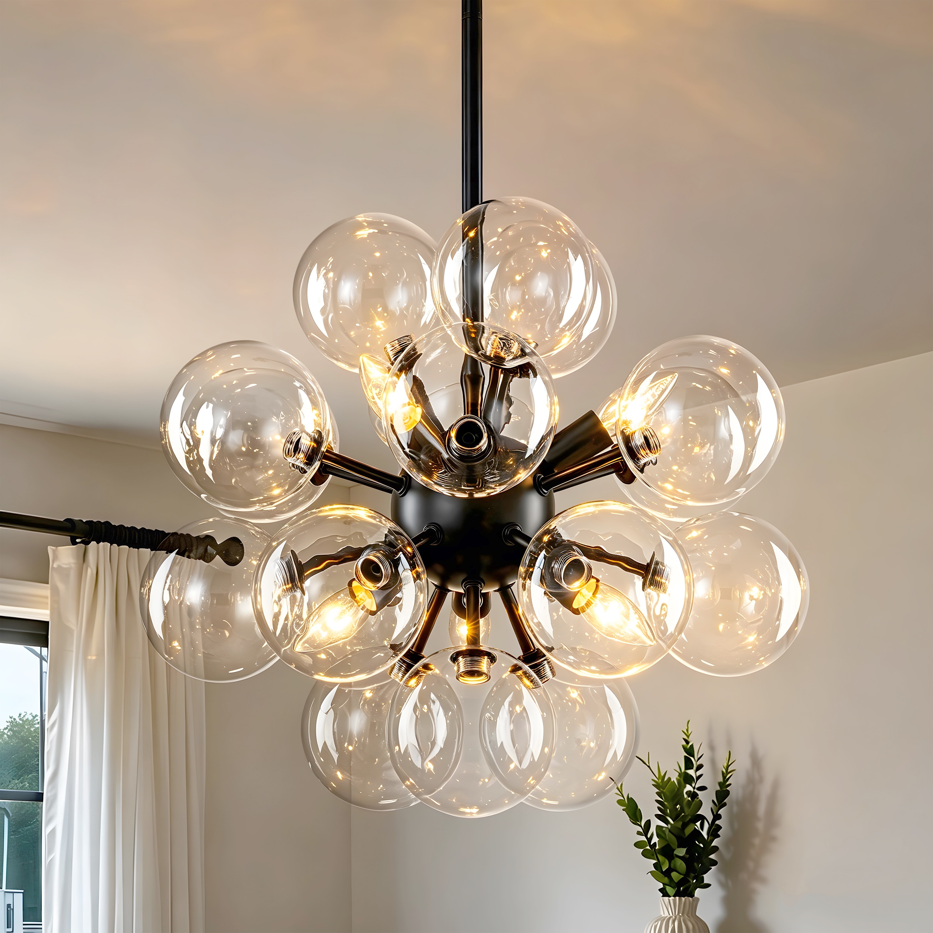 GoYeel 6-Light Black Modern Clear Glass Bubble Chandelier for Bedroom