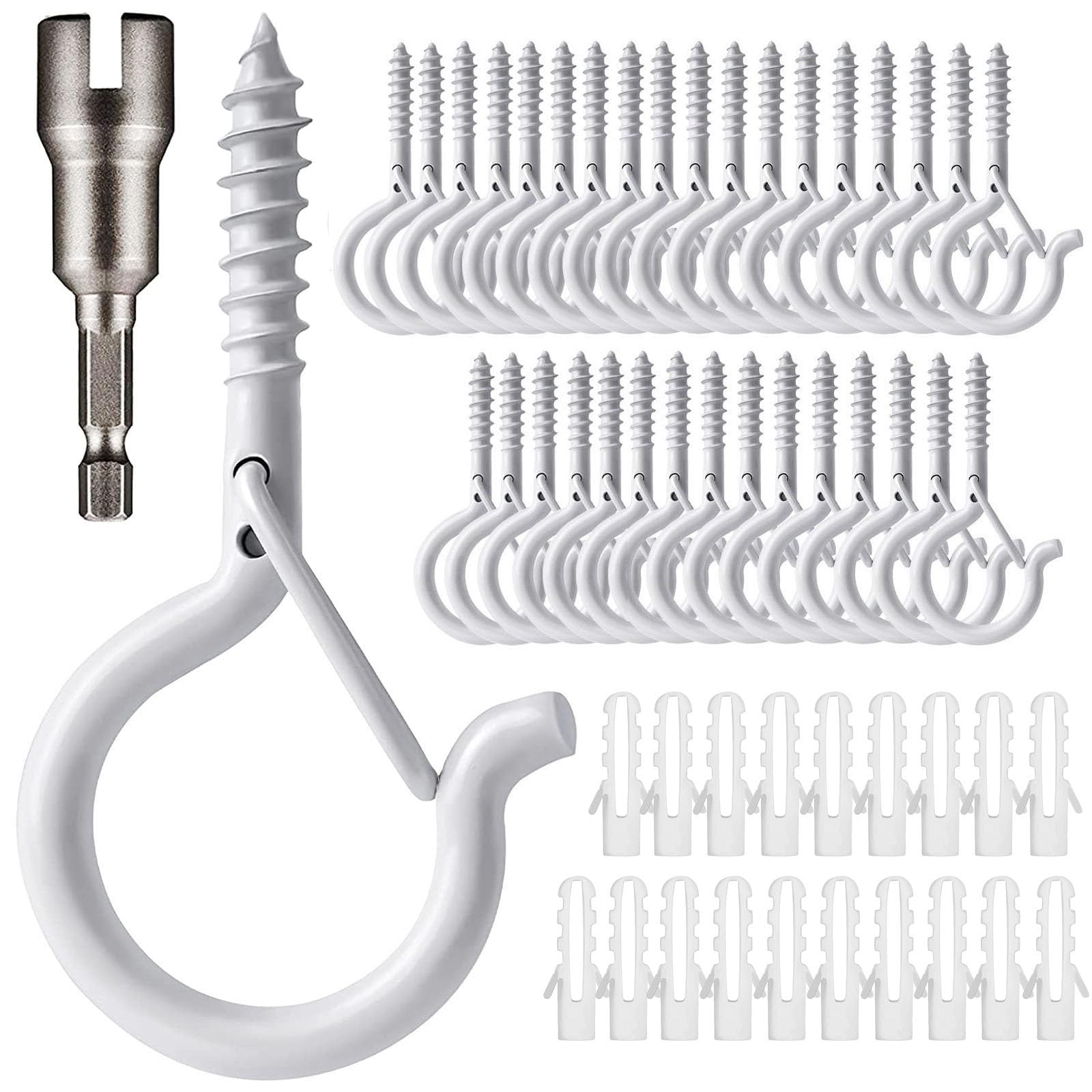 KHKFY  20 pcs White Screw in Q Hanger Hooks Safety Buckle Design for Outdoor String Lights Plants Birdhouses Includes Wing Nut Driver Easy Install