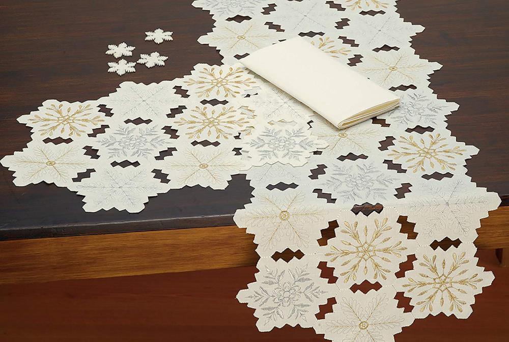 Silver and Gold Embroidered Snowflakes Polyester Table Runner
