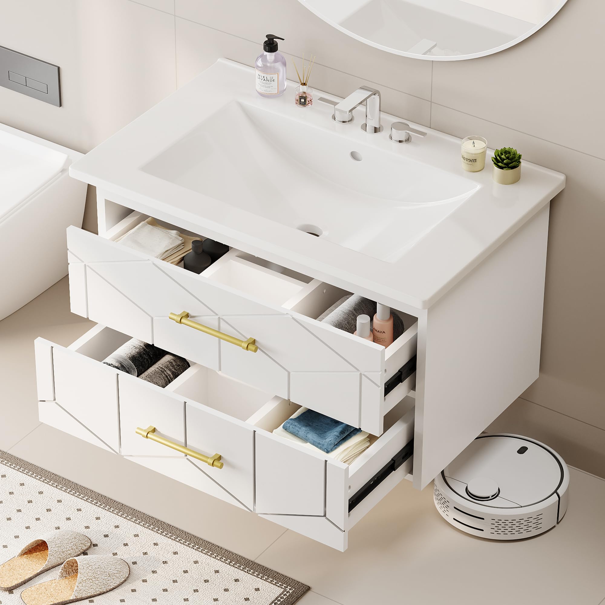 GarveeLife Floating Bathroom Vanity with Sink 24 in W Ceramic Basin 2 Large Drawers Gold Handle Soft-Close Design Easy Assembly White