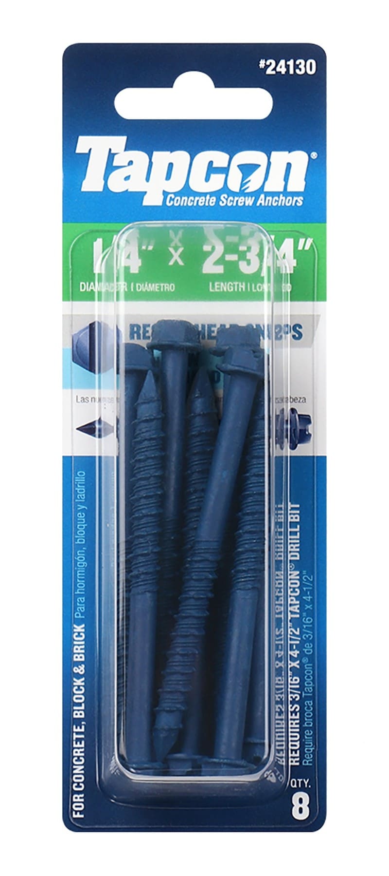 Tapcon 24130 1/4-in x 2-3/4-in Concrete Screws Anchors 8 -Pack