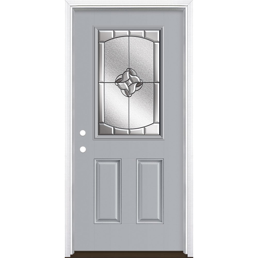 Masonite 3423142 Rozet 36-in x 80-in x 4-9/16-in Fiberglass Half lite Right-hand inswing Infinity Gray Painted Prehung Single door Front Door with Brickmould Insulating core Decorative glass