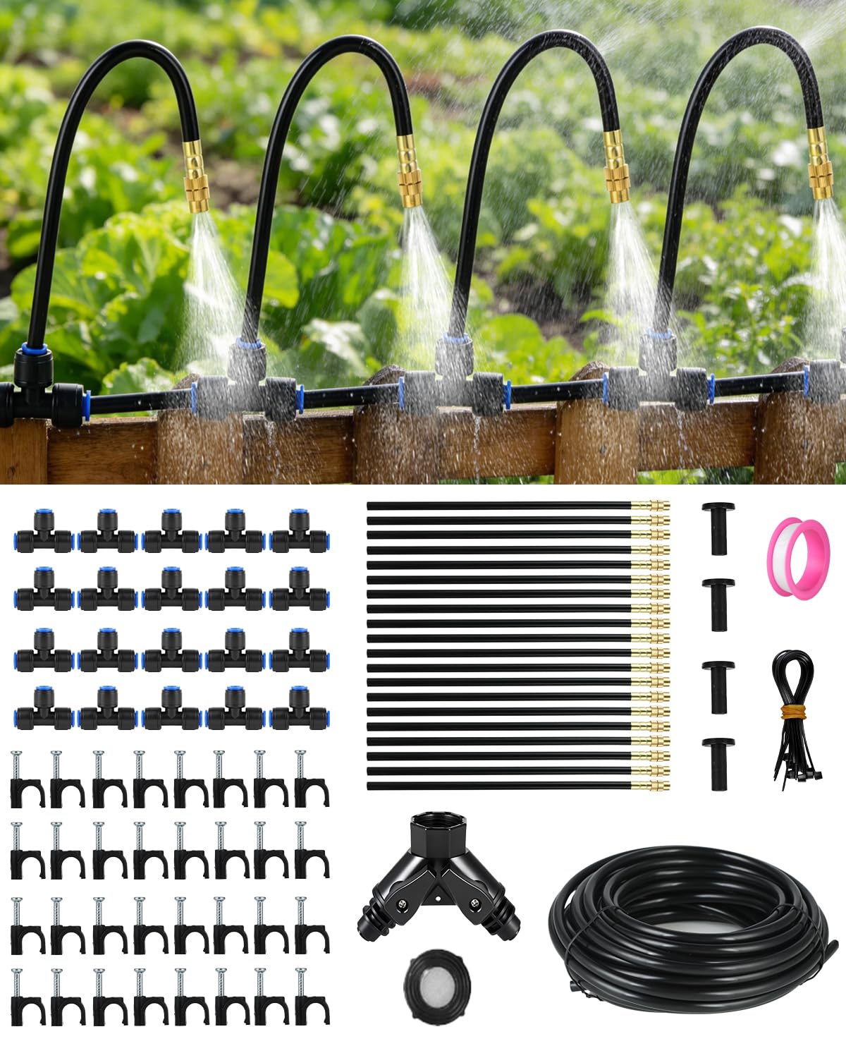 CJGQ 130 ft Drip Irrigation Kit with 20 Adjustable 360-Degree Spray Nozzles and 1/4 in PE Tubing for Raised Beds Greenhouses and Outdoor Gardens