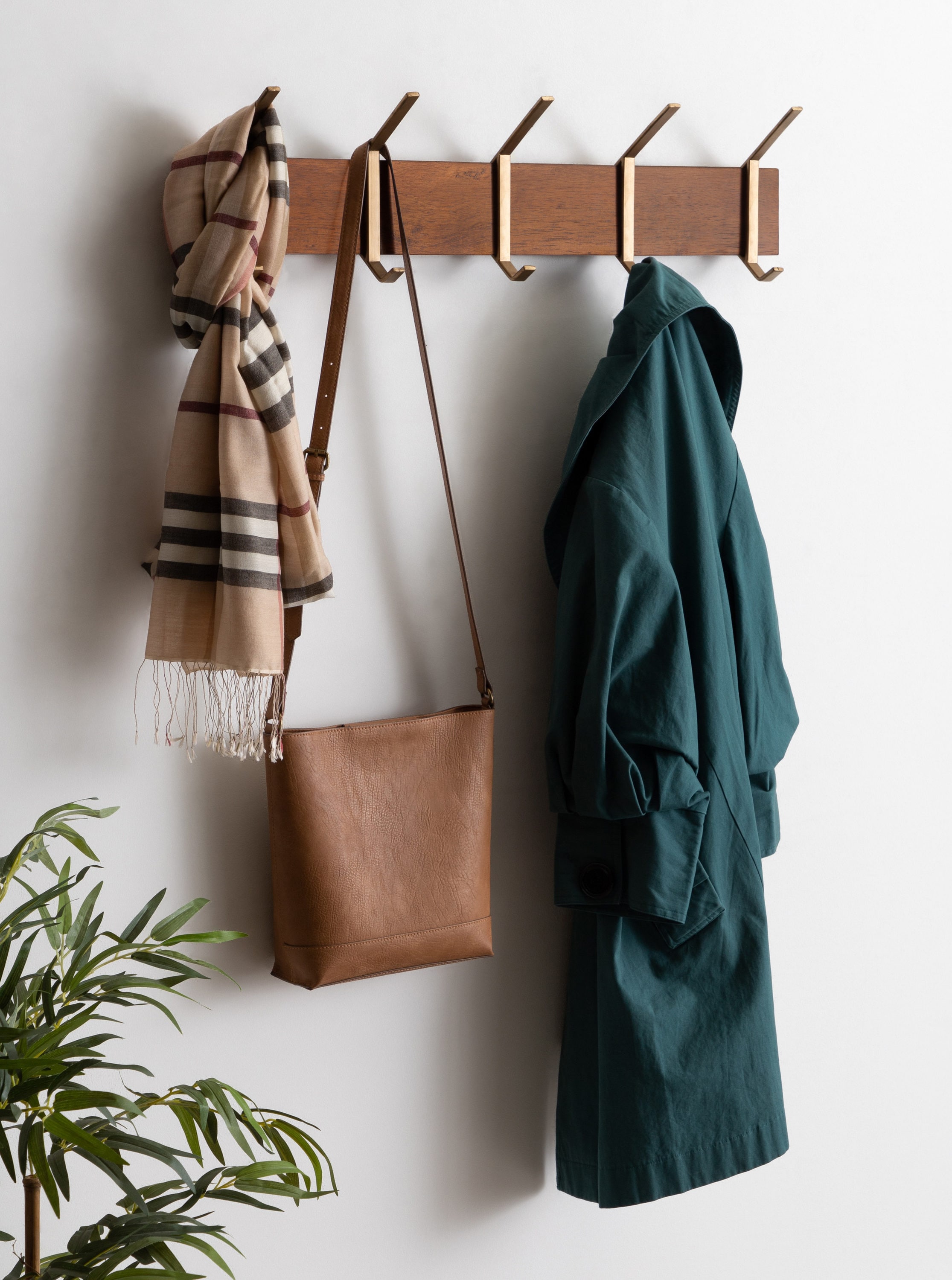 Walnut Brown 5-Hook Shelf with Brushed Gold Finish