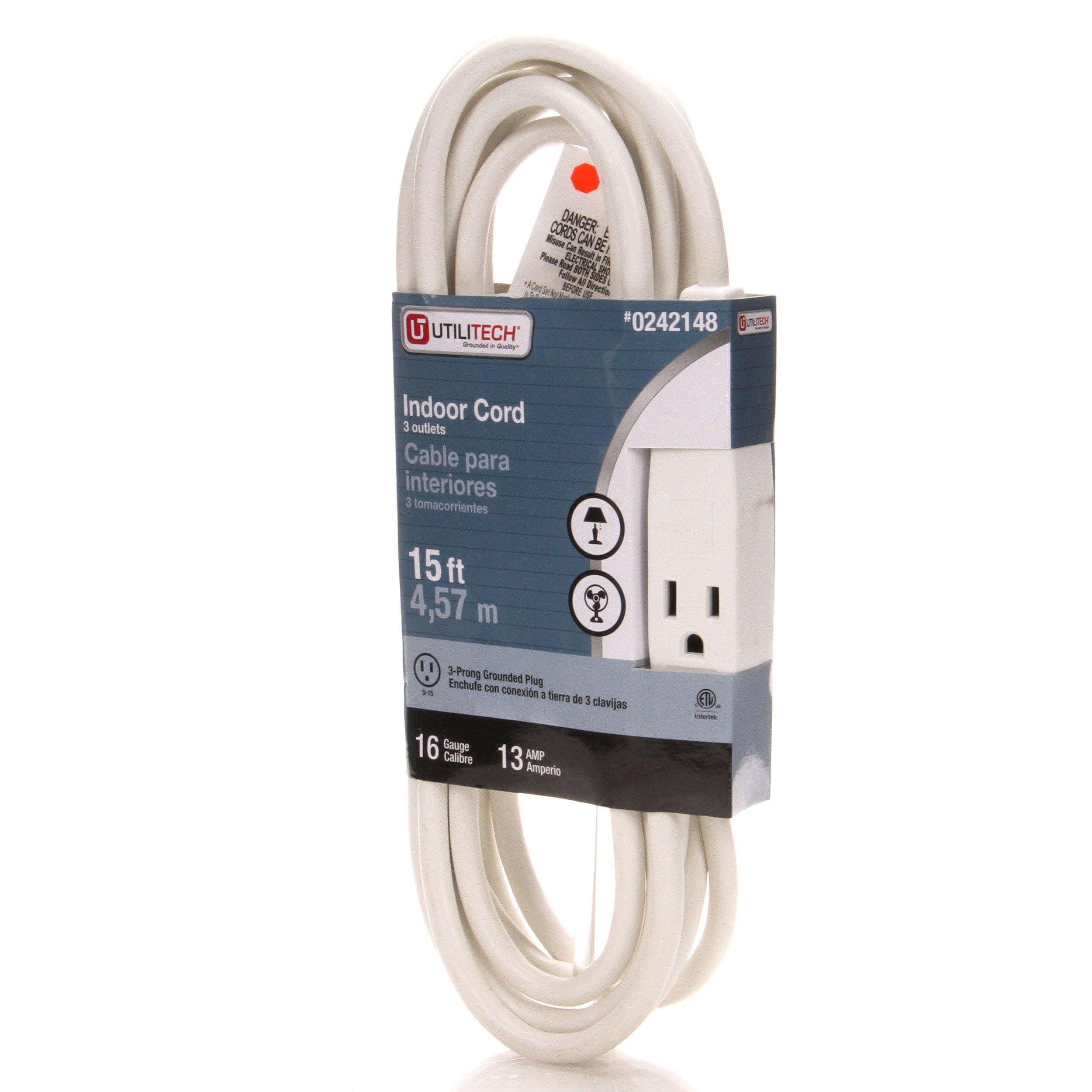 White 15 ft GoGreen Power GG-19615 16/3 15' 3-Outlet Extension Cord 