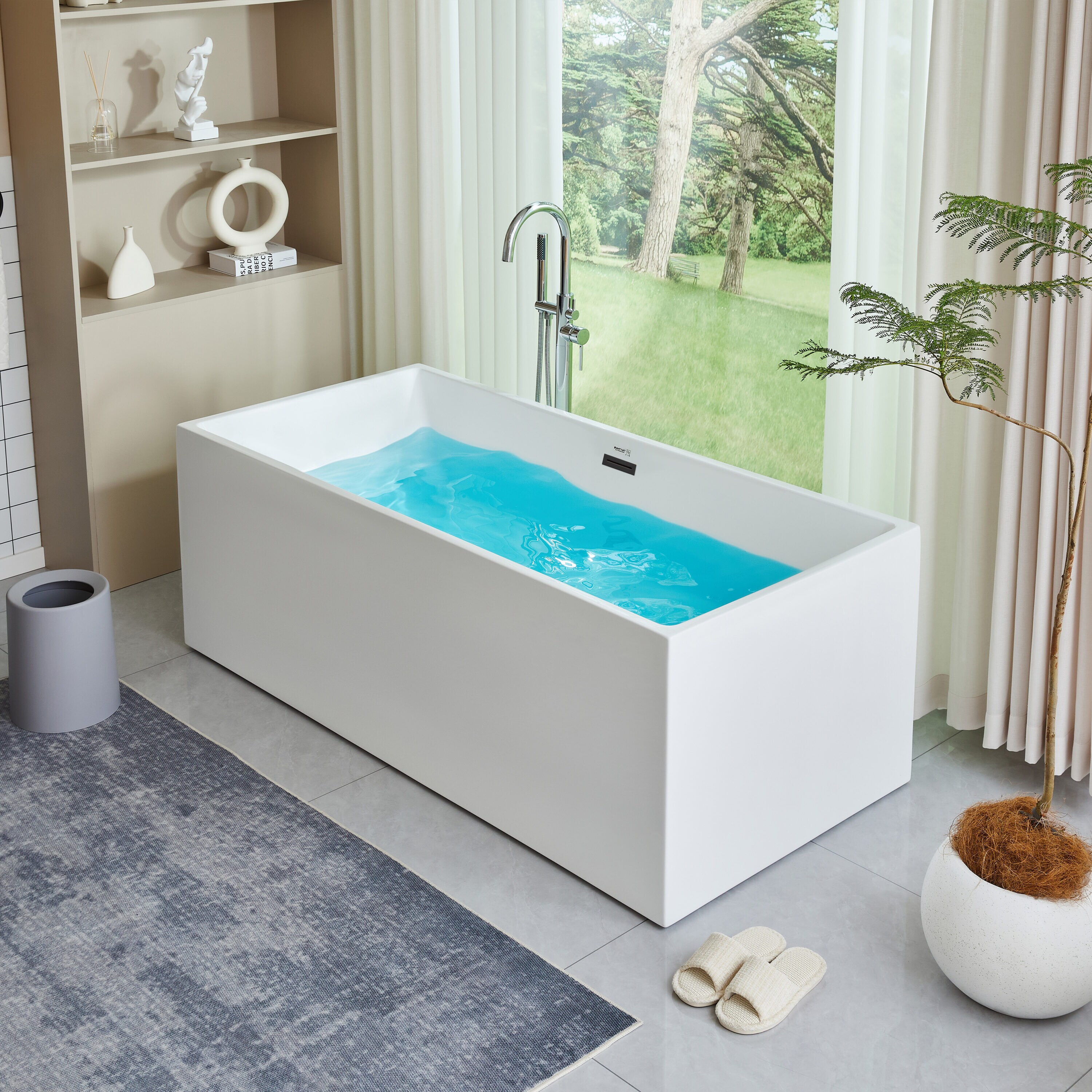 White Acrylic Freestanding Soaking Bathtub with Matte Black Trim