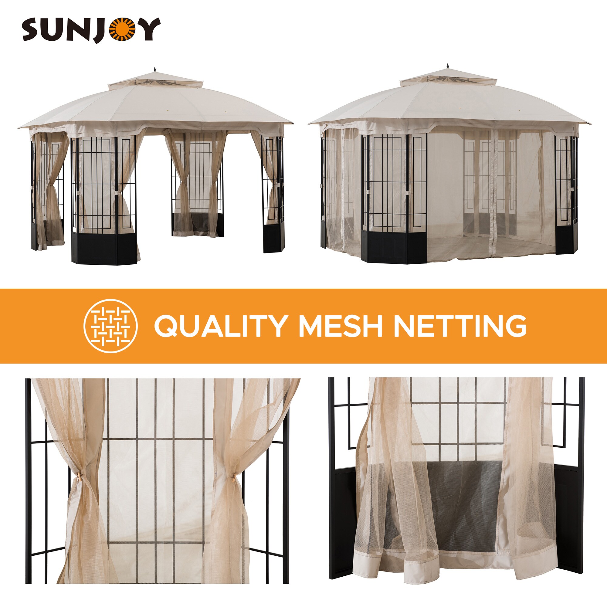 Sunjoy Beige Canopy Black Steel Frame Octagon Gazebo with Mosquito Netting