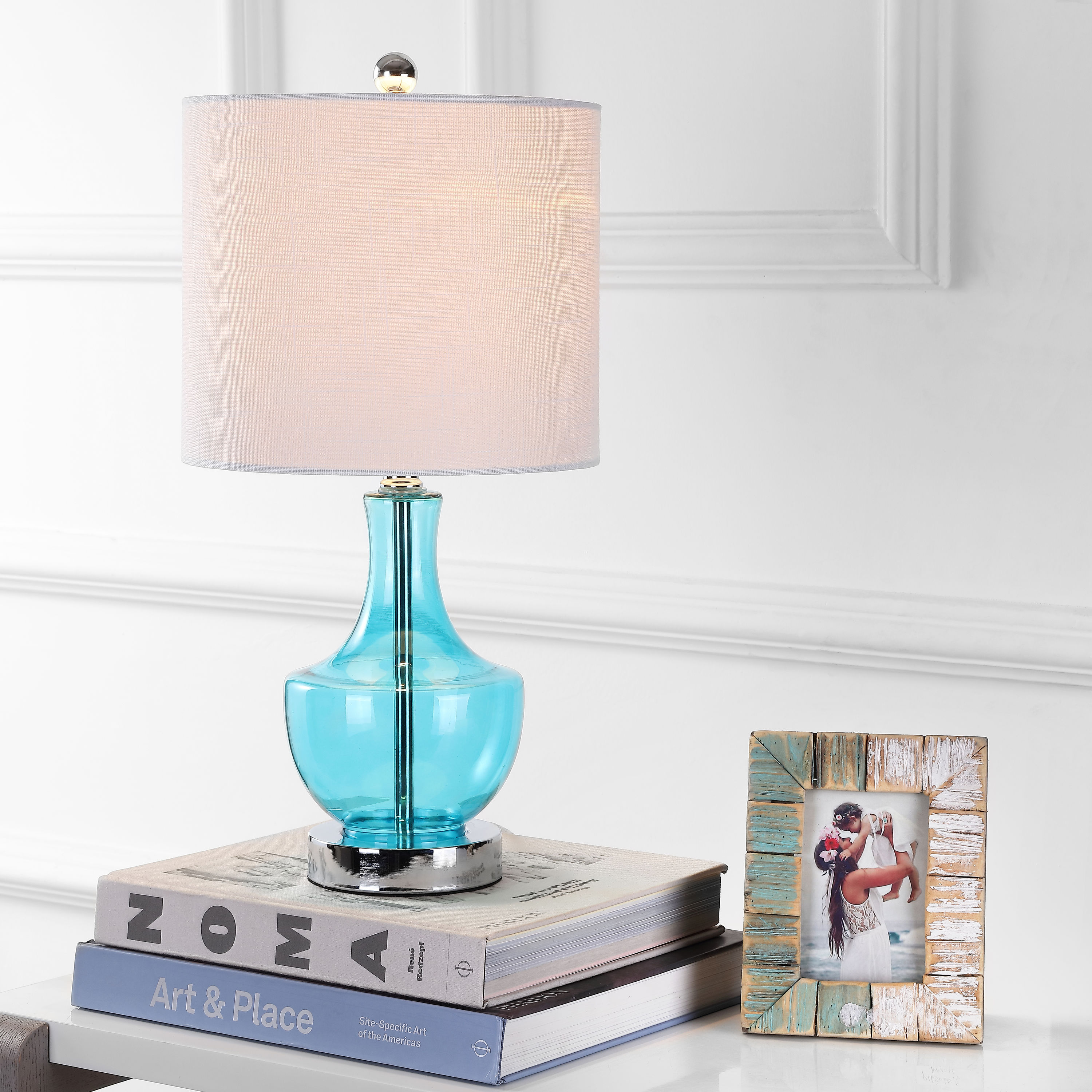 JONATHAN  Y JYL1029C Colette Mini Glass Transitional/Coastal 20-in Amalfi Blue LED Incandescent Rotary socket Table Lamp with Linen Shade