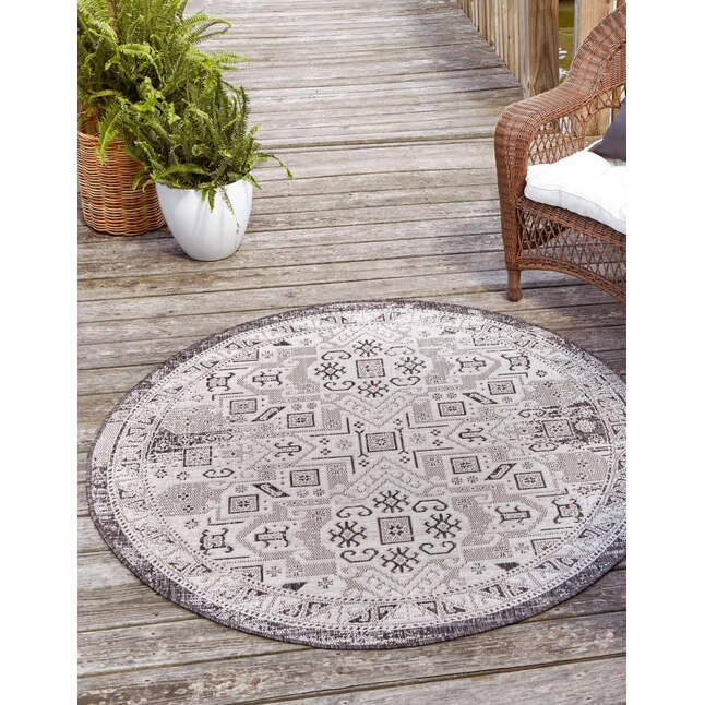Unique Loom Outdoor Aztec 3 X 3 Charcoal Gray Round Indoor/Outdoor Border  Area Rug in the Rugs department at