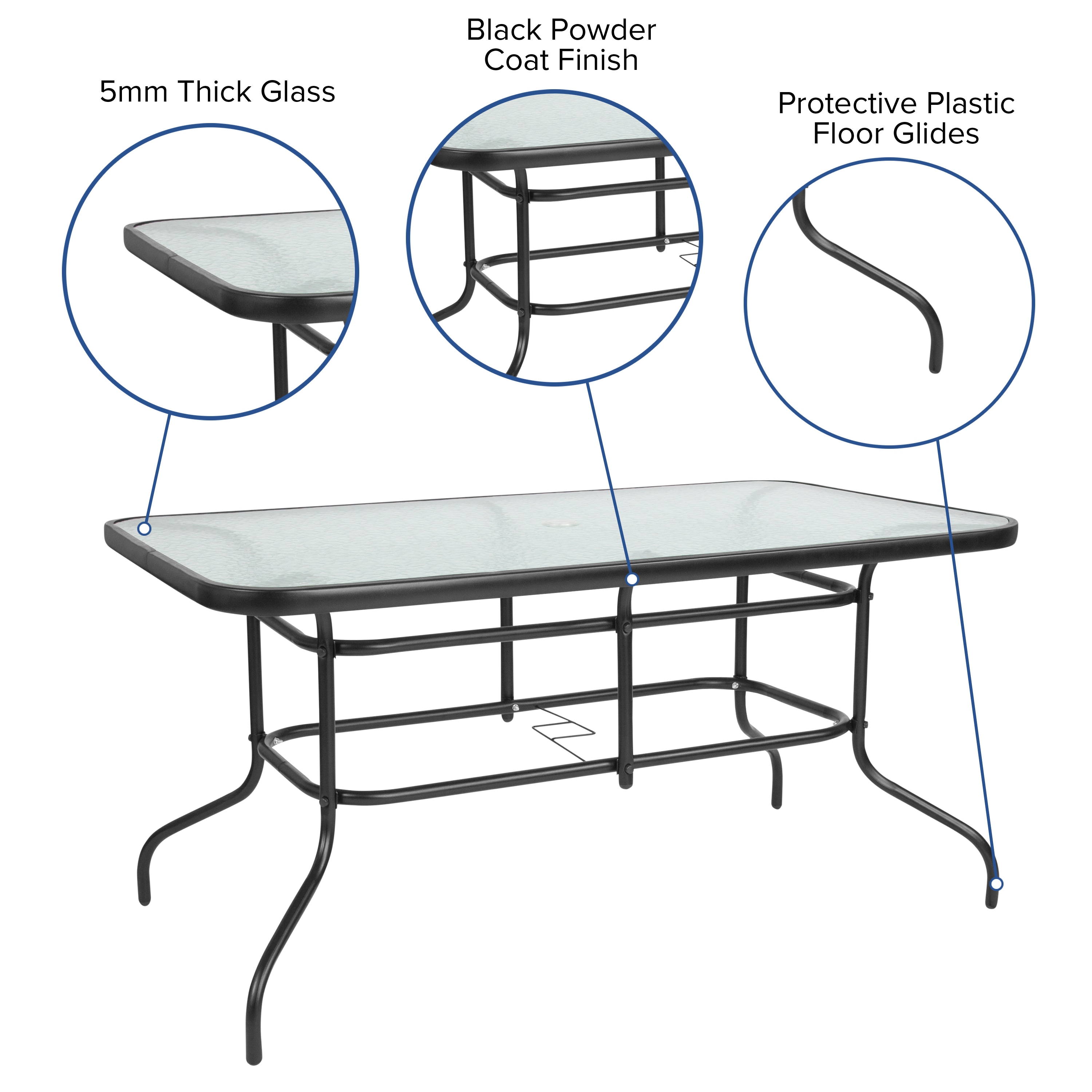 Black Steel Rectangular Patio Table with Glass Top and Umbrella Hole