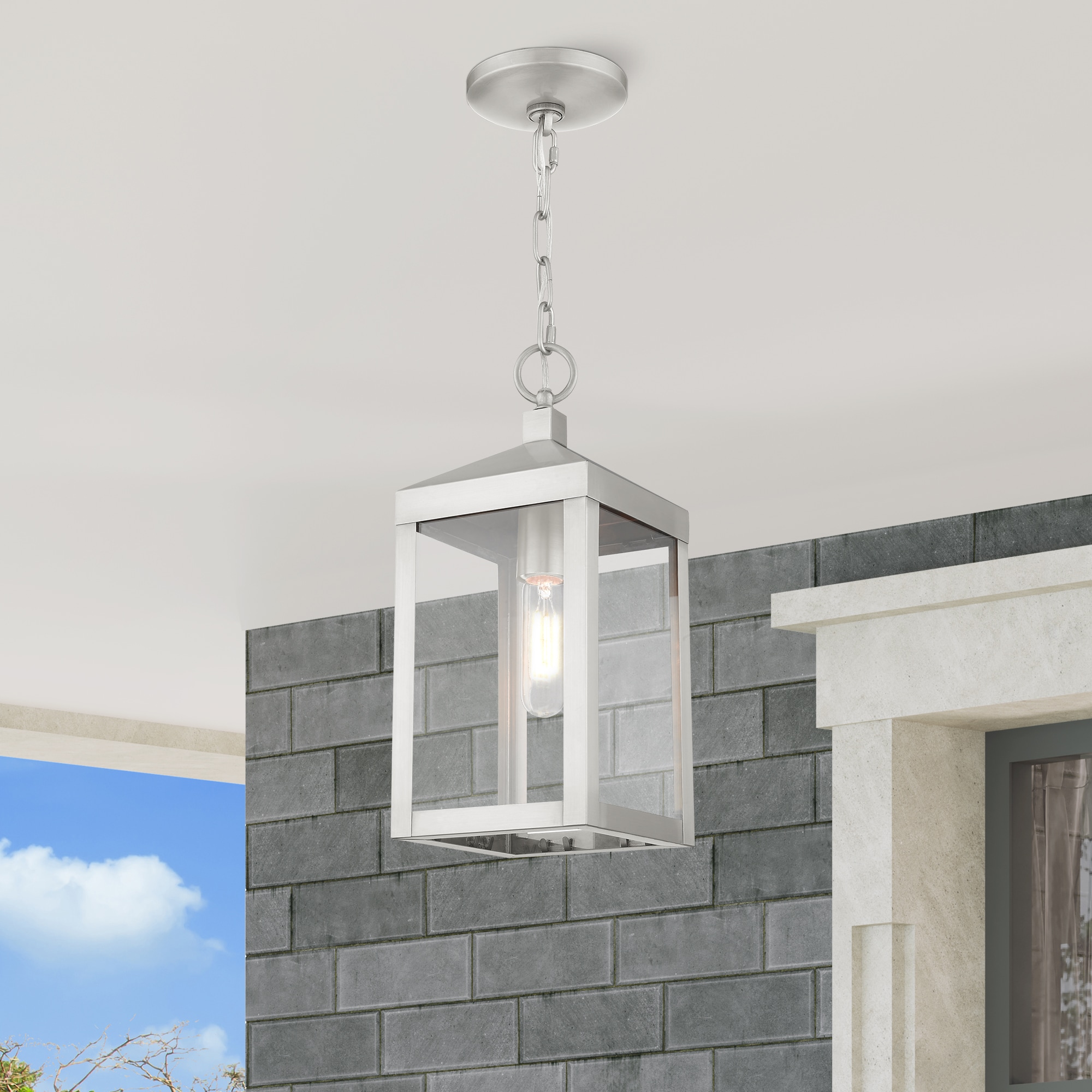 Brushed Nickel Outdoor Pendant Lantern with Clear Glass