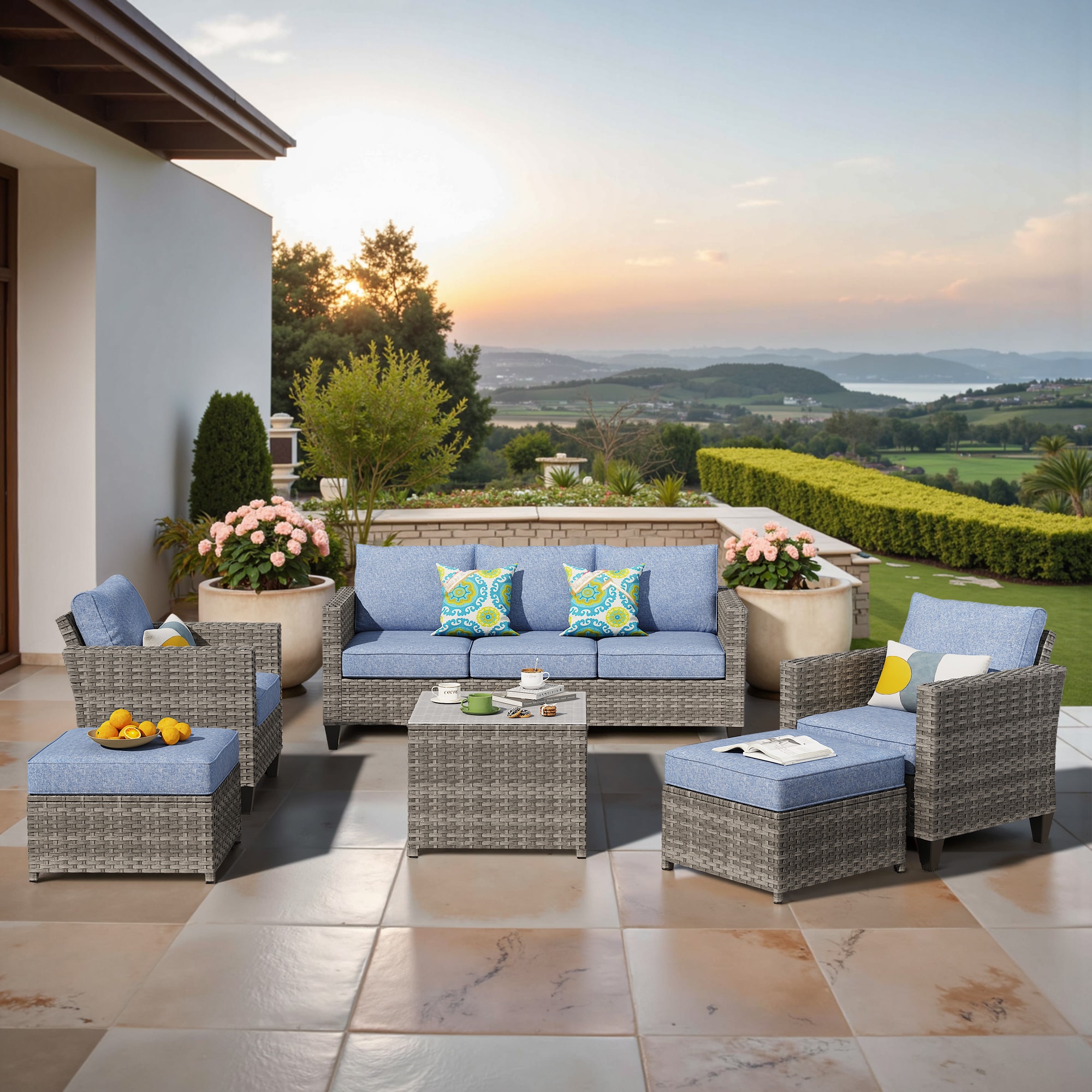 Pouuin SGR306 6 -Piece Wicker Patio Sofa Conversation Set with Blue Cushions