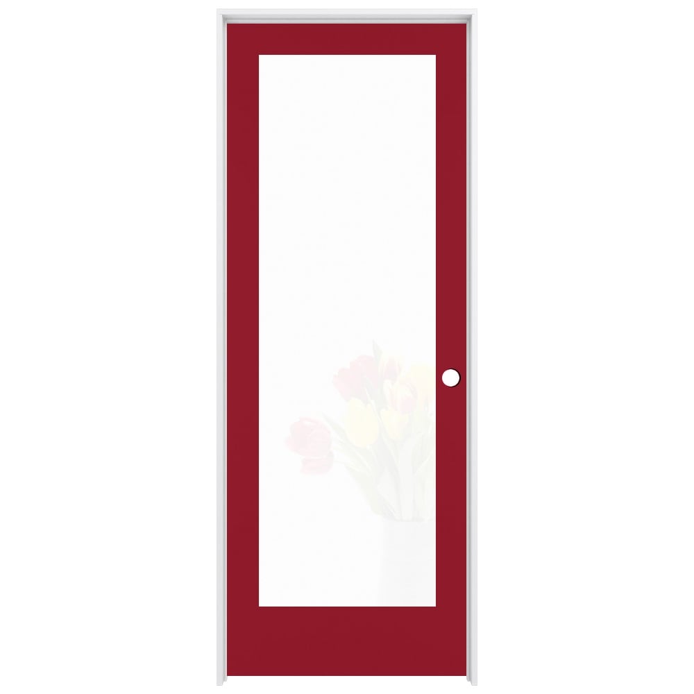 RELIABILT LO1370142 30-in x 80-in Barn Red Solid core 1-panel Frosted glass Left hand Smooth Prefinished Pine Wood Flat Jamb Single Prehung Interior Door