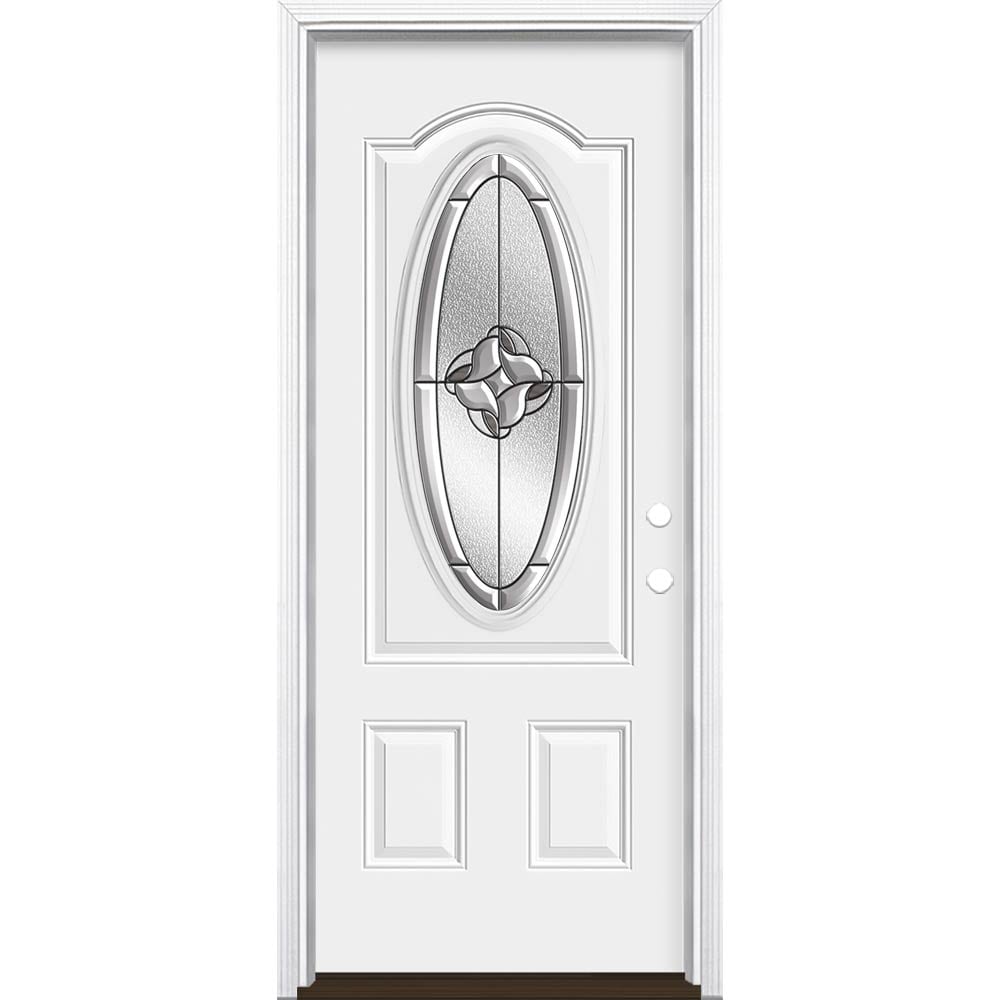 Masonite 3846526 Rozet 32-in x 80-in x 4-9/16-in Steel Oval lite Left-hand inswing Primed Prehung Front Door with Brickmould Insulating core