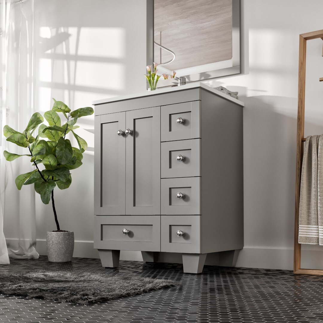 Gray Solid Wood Bathroom Vanity with White Quartz Top, 24-inch