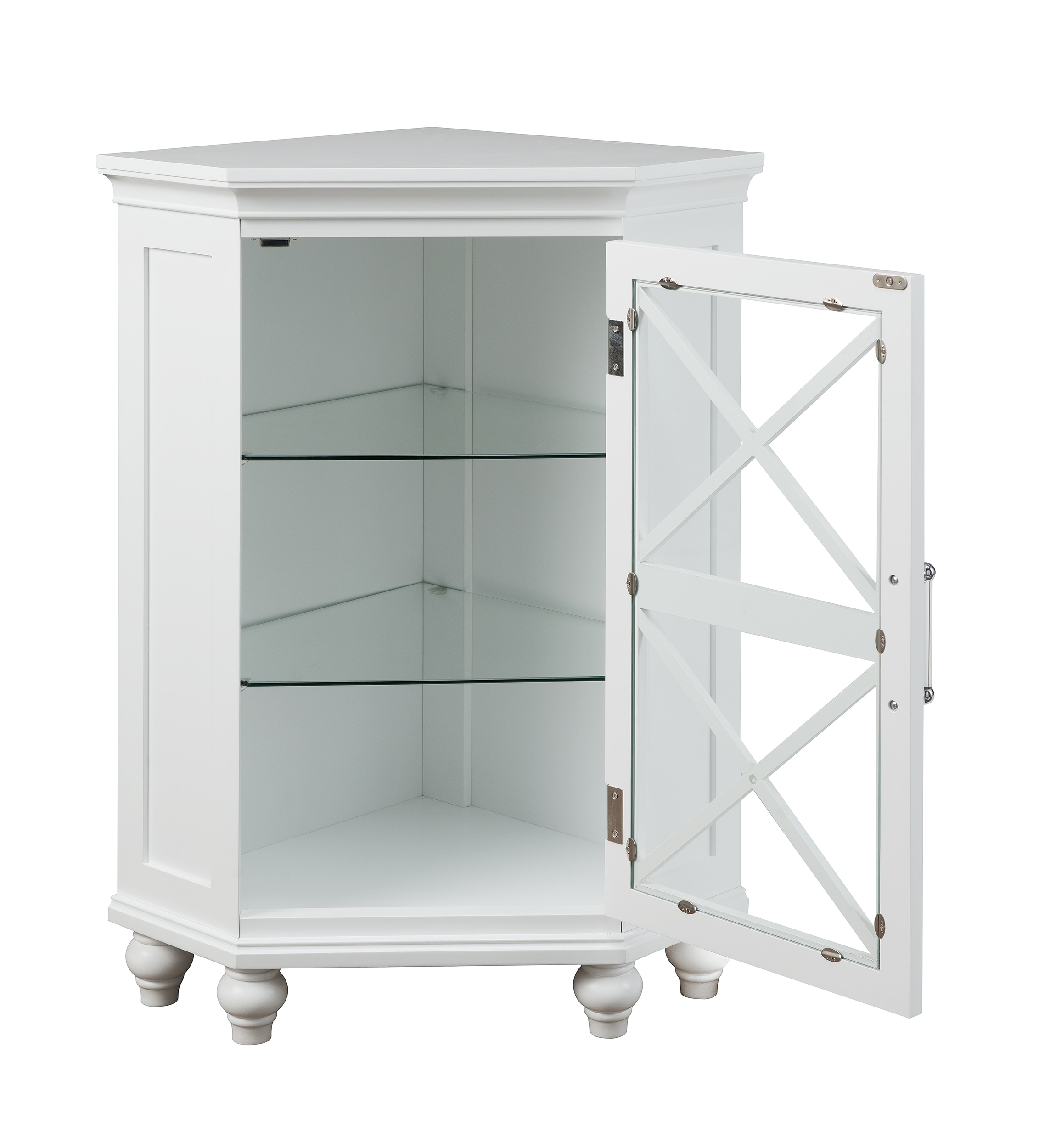 Classic White Corner Cabinet with Blue Accents and Adjustable Shelves