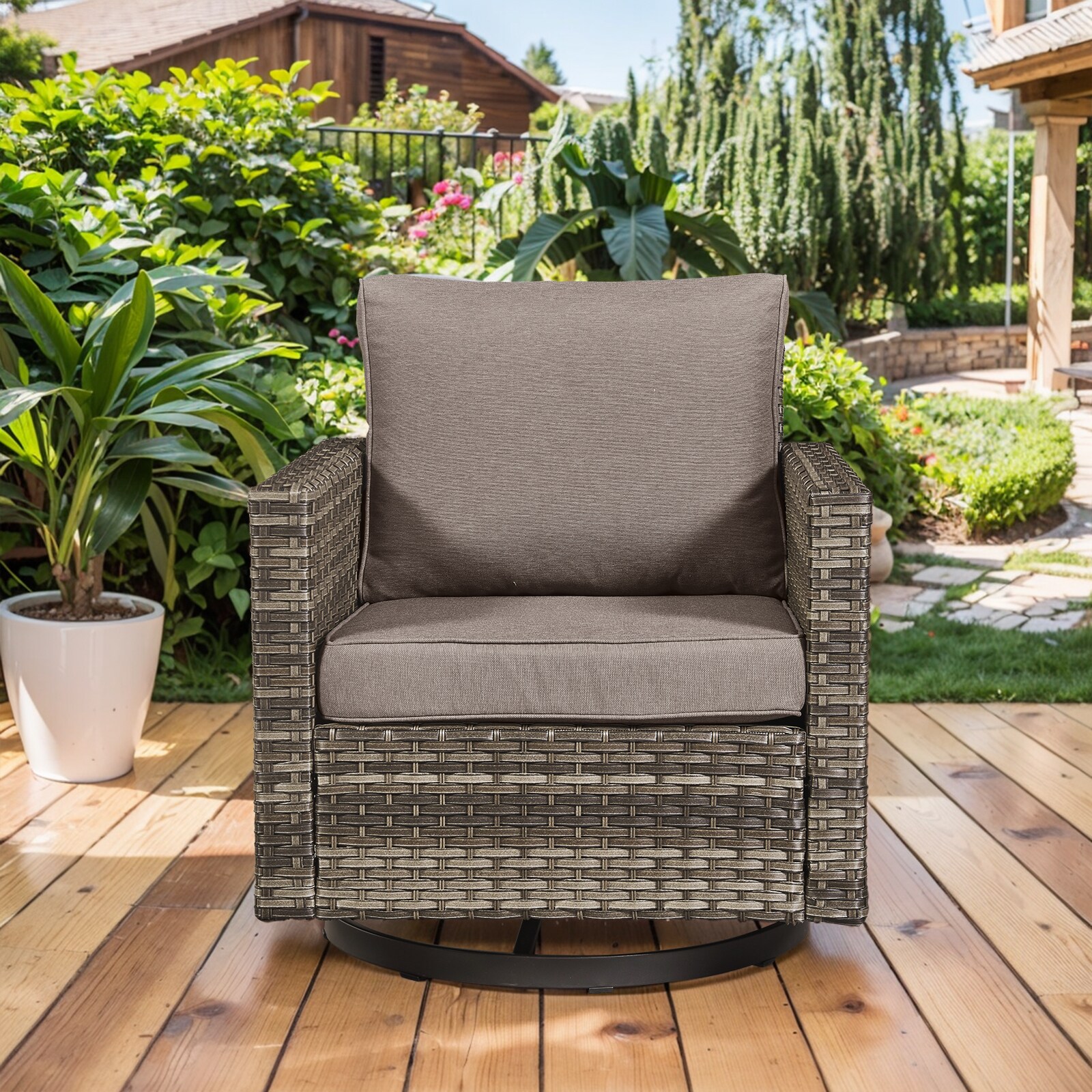 Jeehope PA146-3XT PAnorama Series Wicker Gray Steel Frame Swivel glider Conversation Chair with Gray Cushioned Seat