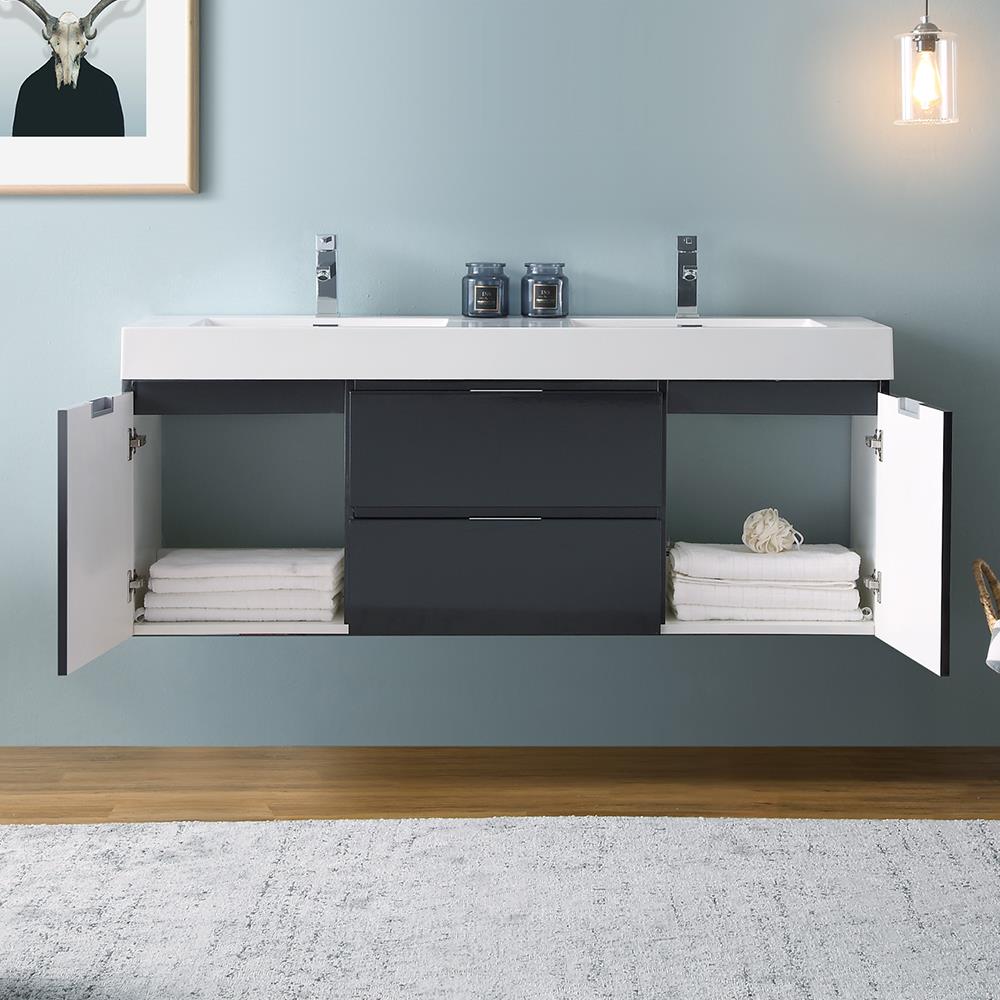 Glossy Gray 60" Wall-Mount Double Sink Modern Vanity