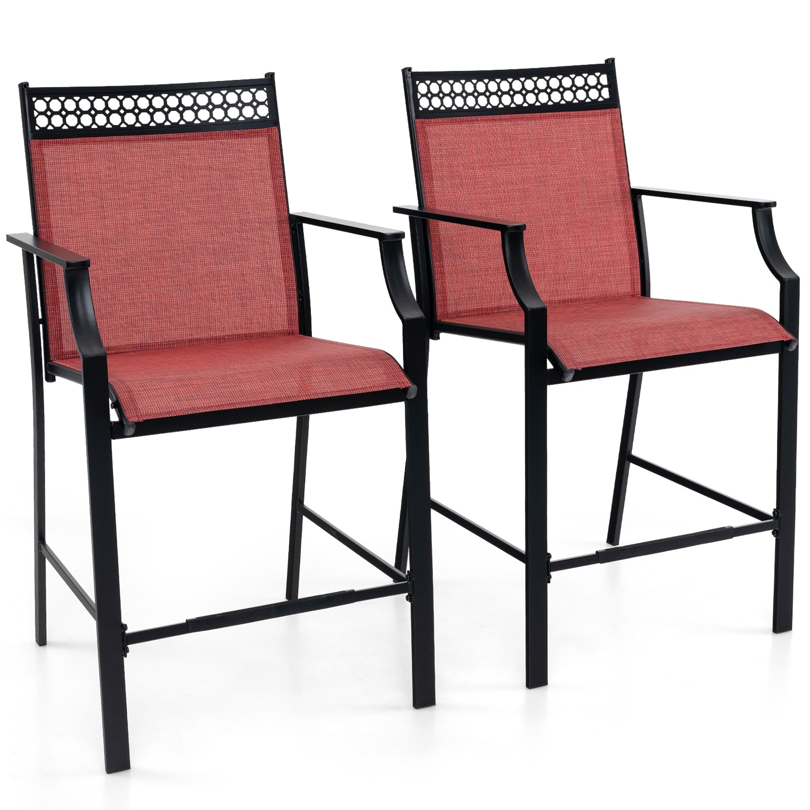 YERIVA HSM11630RE2 Set of 2 Black Metal Frame Stationary Bar Stool Chair with Red Sling Seat