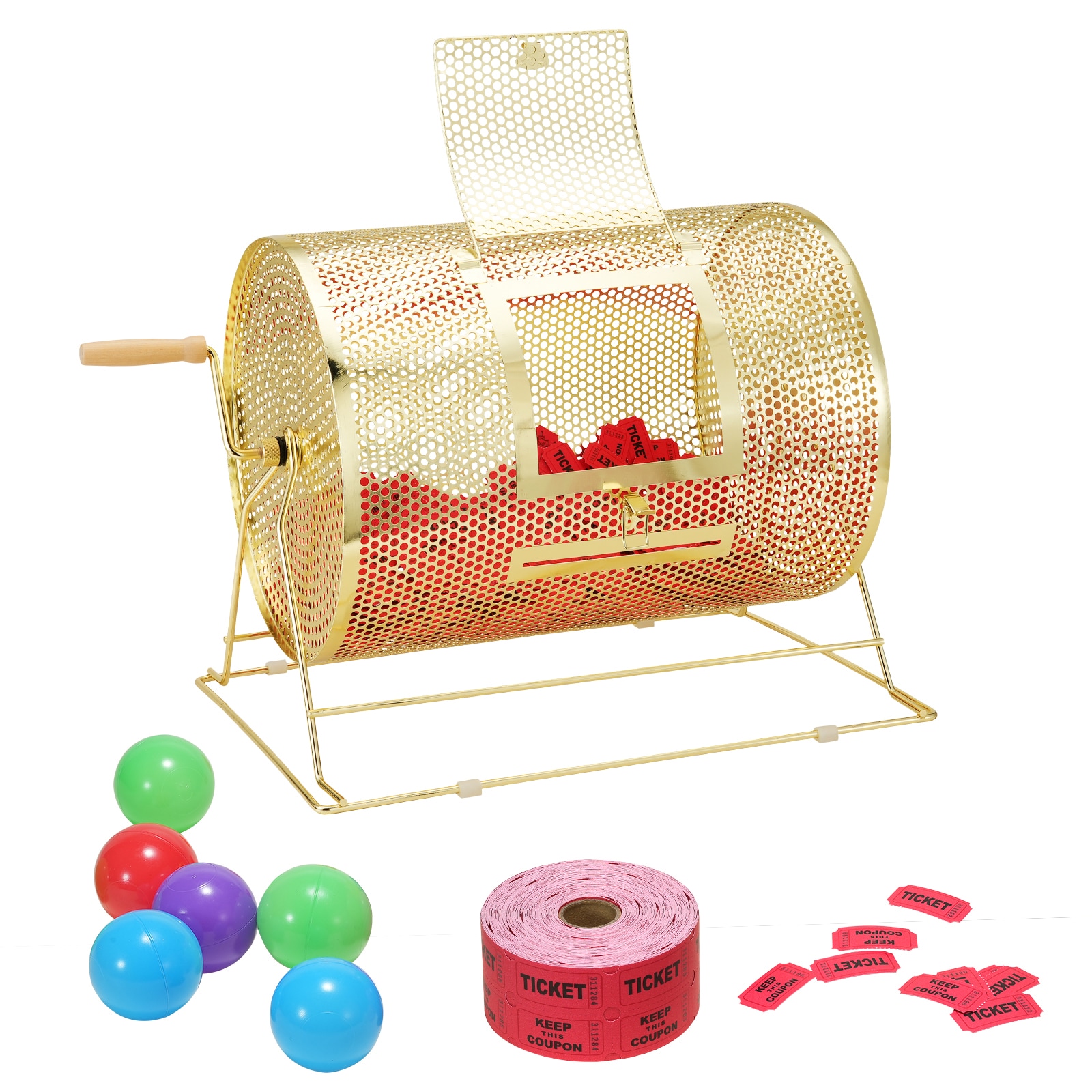 VEVOR SCCJGJS16YC001782V0 Raffle Drum Holds 5000 Tickets or 200 Ping Pong Balls Metal Lottery Spinning Drawing with Wooden Turning Handle16.1 x Ø12 inch Brass Plated Raffle Ticket Spinning Cage for Bingo Ballot Part