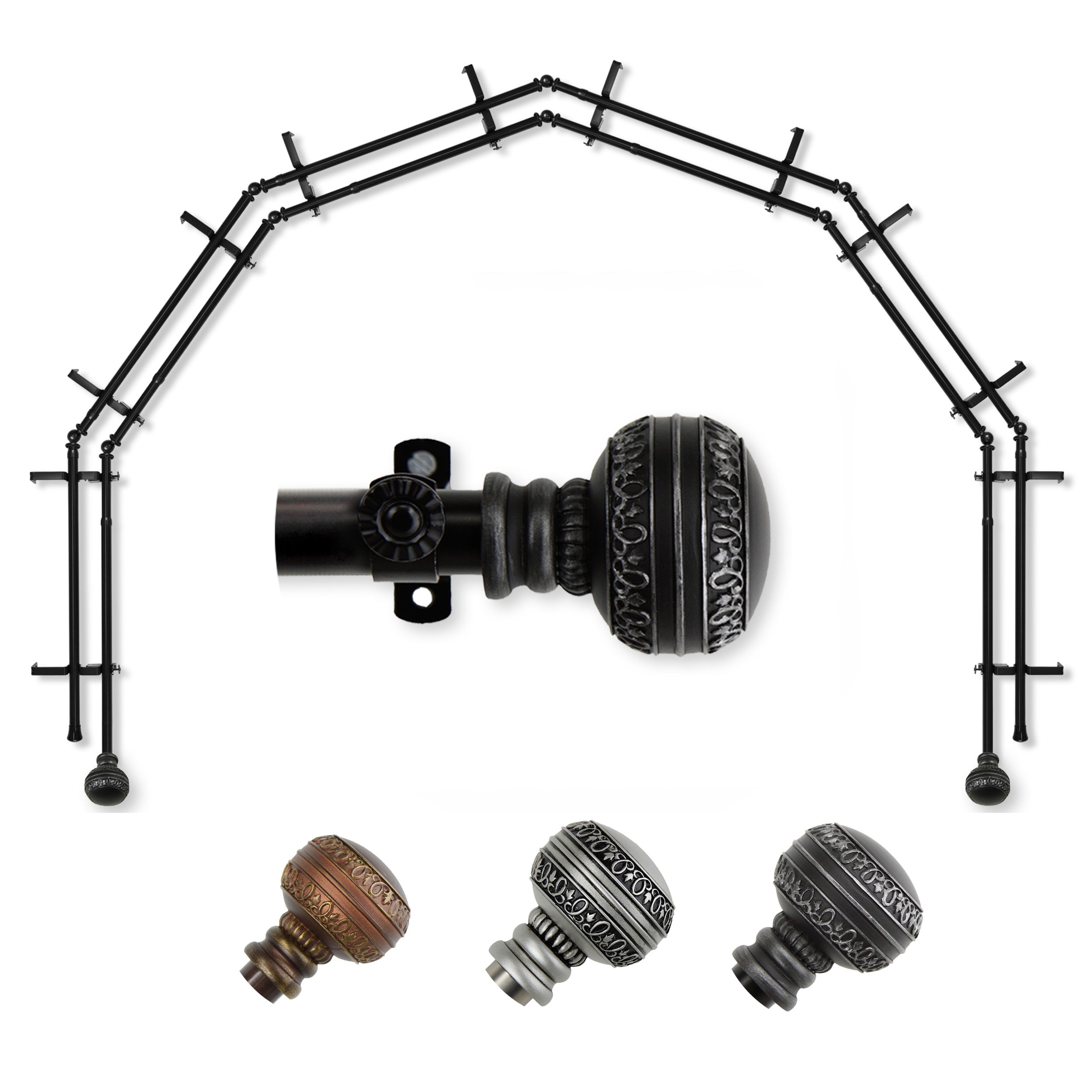 Hart & Harlow L-6BAY-02-2D Faith 6-Sided Double Bay Black Steel Bay window curtain rod with Finials