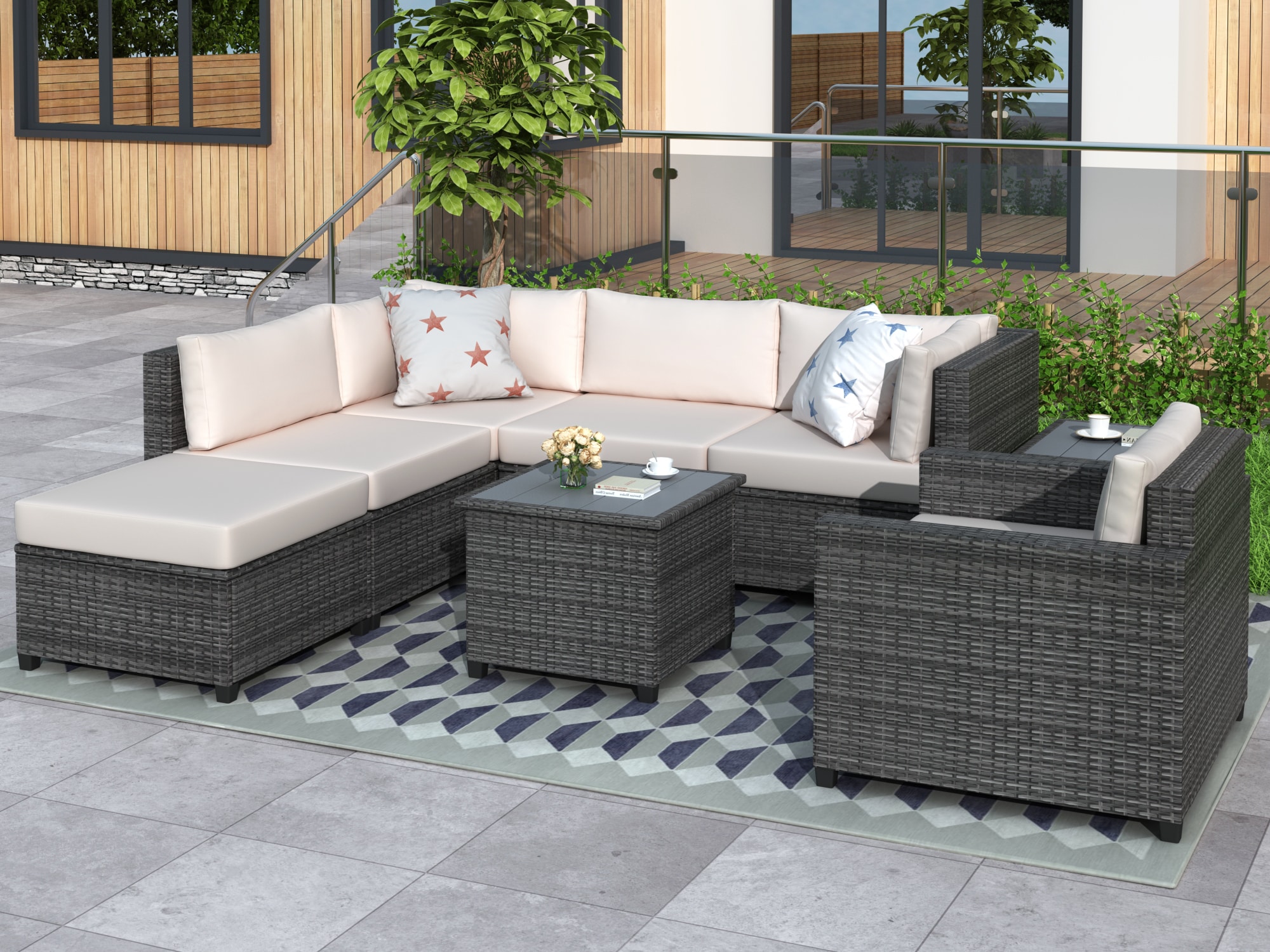 Bybafun YA7000003 Rattan Outdoor Sectional with Beige Cushions and Rattan Frame