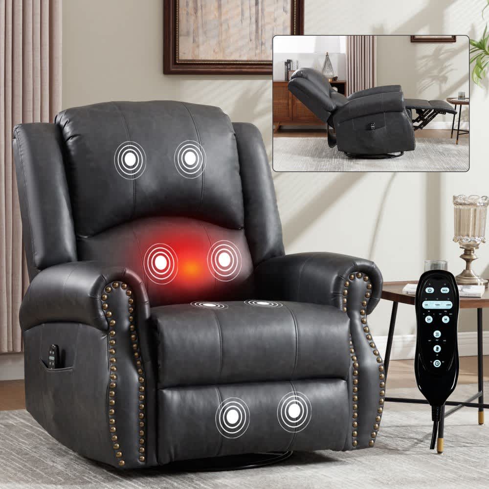 Coolbibila CORA-RECLINER-GRAY Gray Faux Leather Upholstered Manual Swivel Recliner Chair with Heat Massage Rocker for Living Room