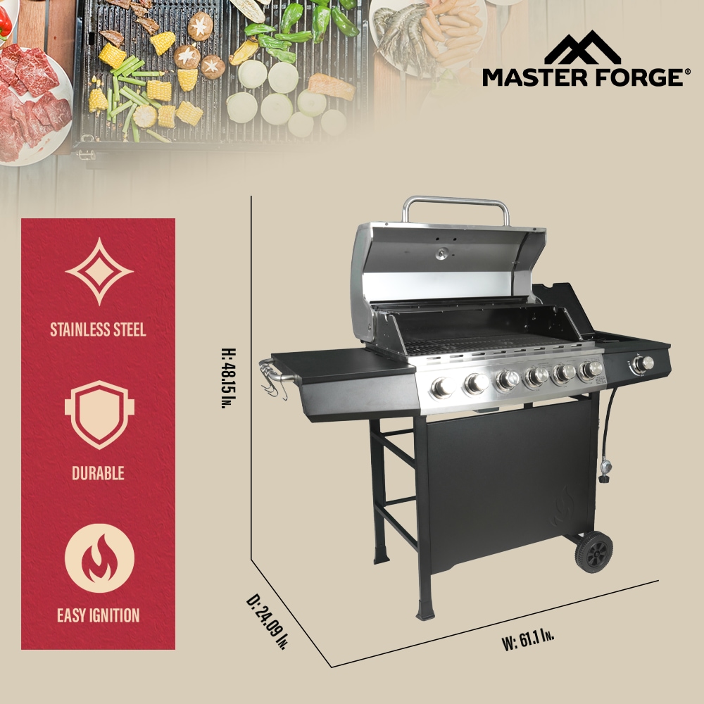 Master Forge Stainless Steel and Black 6-Burner Liquid Propane Gas Grill with 1 Side Burner GBC23693LE Sansujyuku sansujyuku.com