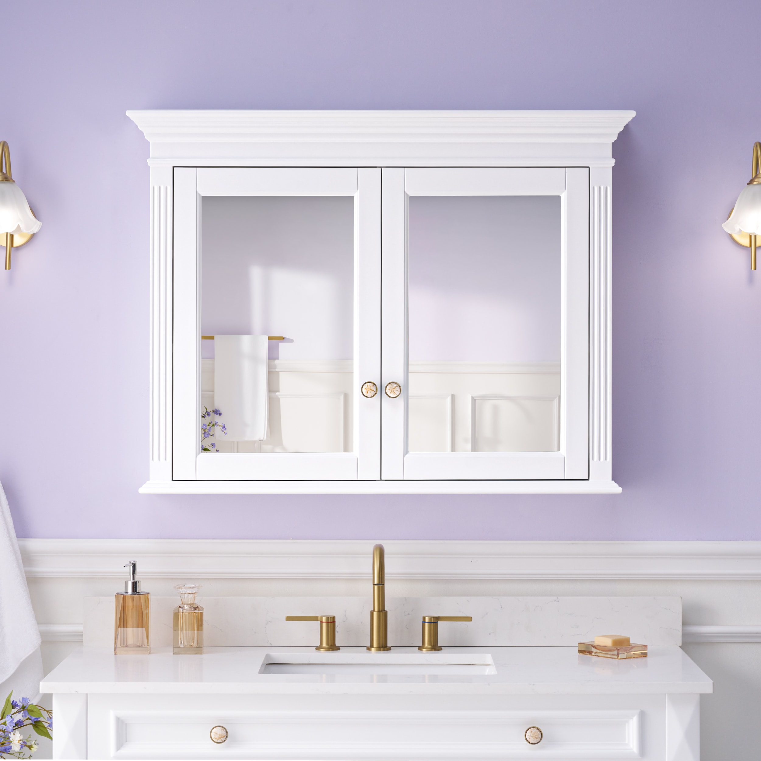 WELLFOR GRACE Solid Wood 40-in x 30-in Surface Mount White Mirrored Soft Close Medicine Cabinet