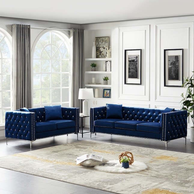 Clihome Living Room Set Modern 4-Piece Velvet Blue Living Room Set in ...