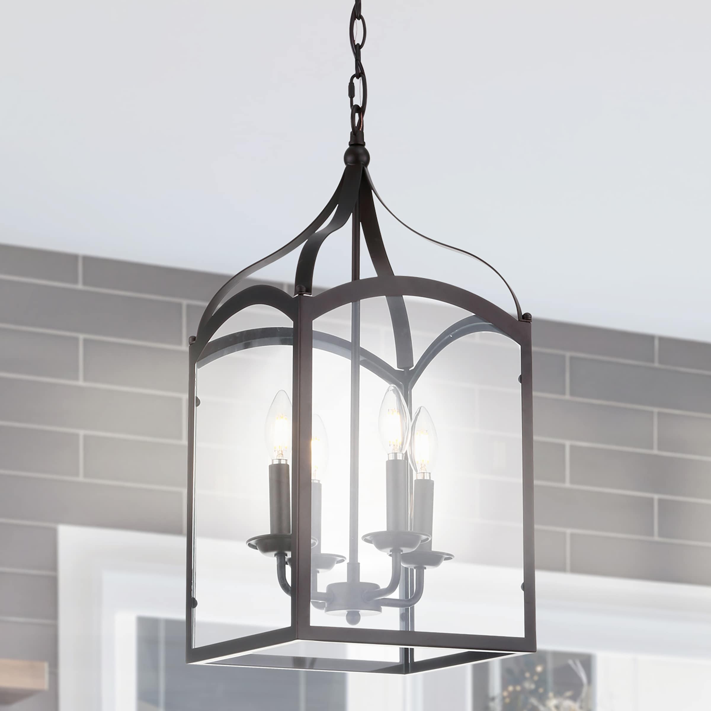 JONATHAN  Y JYL7403A Ruth 11" Metal/Glass Industrial Transitional 4 -Light Oil Rubbed Bronze/Clear Traditional Lantern Medium Hanging Pendant light