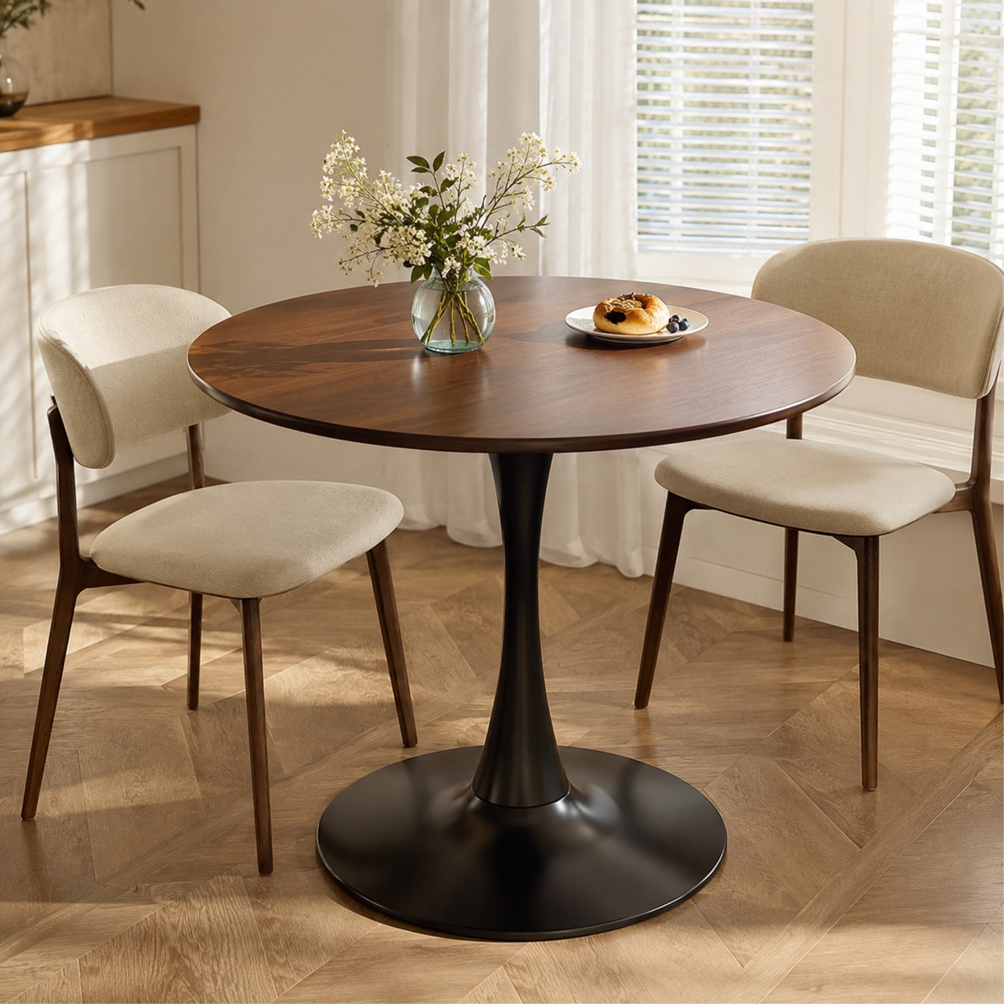 GZMR - Rectangular Dining Table Walnut Round Contemporary/Modern Wood Dining Table, with Wood Fin...