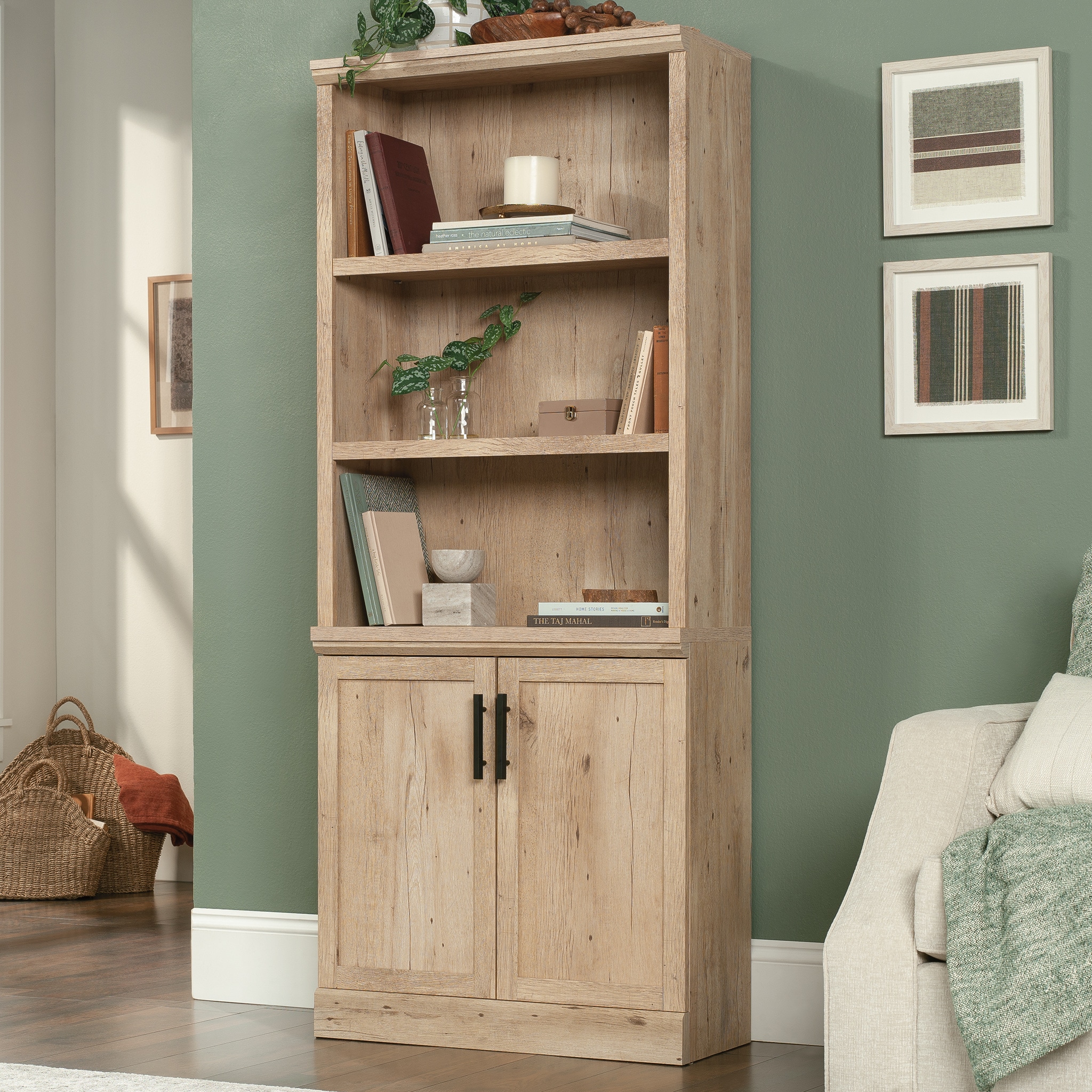 Sauder 433959 Prime Oak Particleboard 4 -Shelf Bookcase with Doors ( 29.291-in W x 70.866-in H x 12.52-in D ) Finished