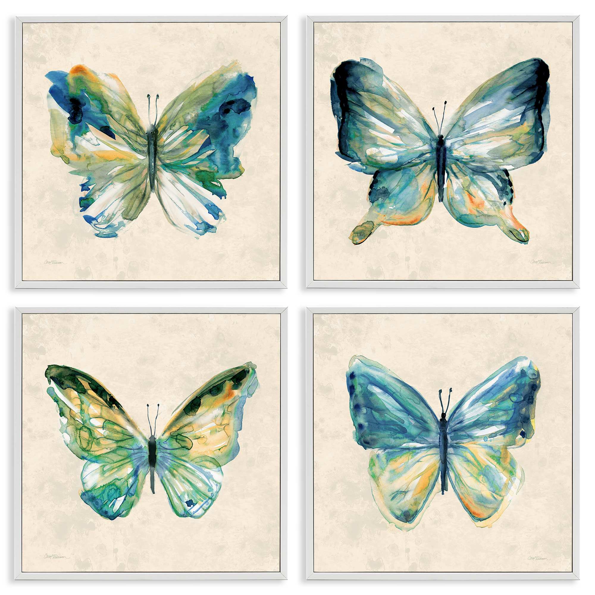 Stupell Industries A4-257-WFR-4PC-12X12 Abstract Green Butterflies 4 Piece White Framed Giclee Art Set By Carol Robinson 12 x 12