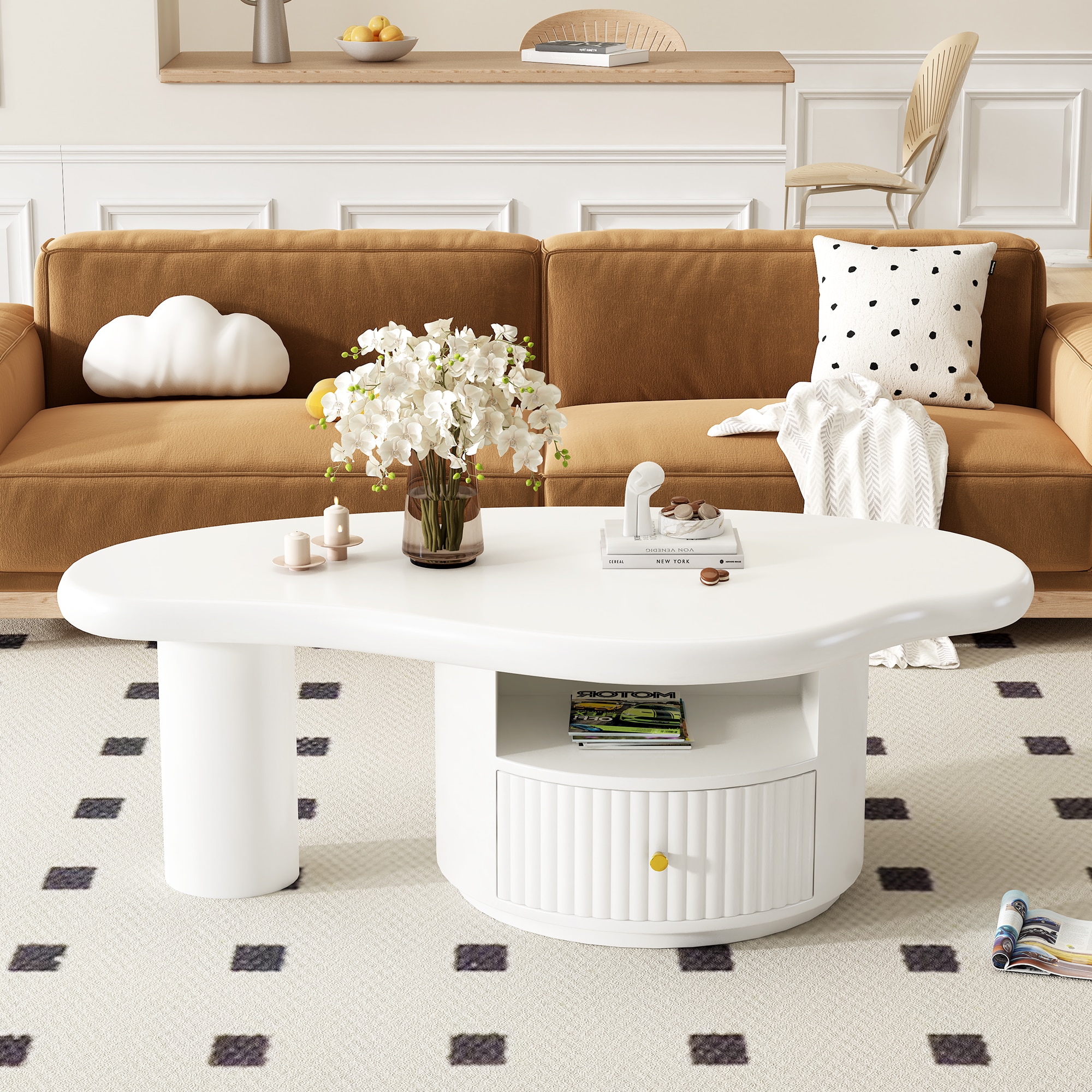 ModernLuxe L3P-SJ000129AAK Cloud Coffee Table Irregular Shape Coffee Table with 1 Dreawer and Shelf for Living Room