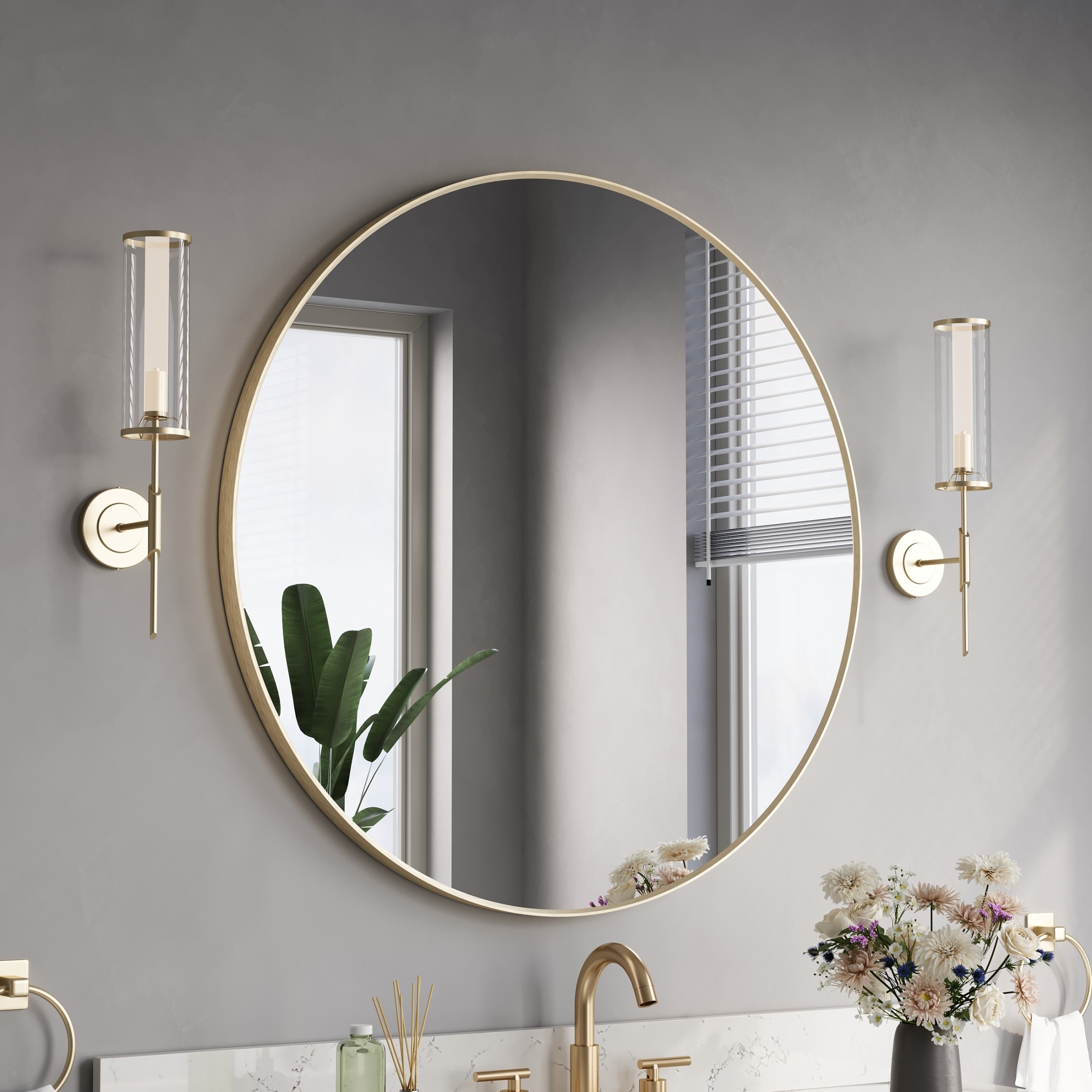 Gtnali - 36-in W x 36-in H Round Aluminum Framed Wall-Mounted Bathroom Vanity Mirror in Brushed Gold