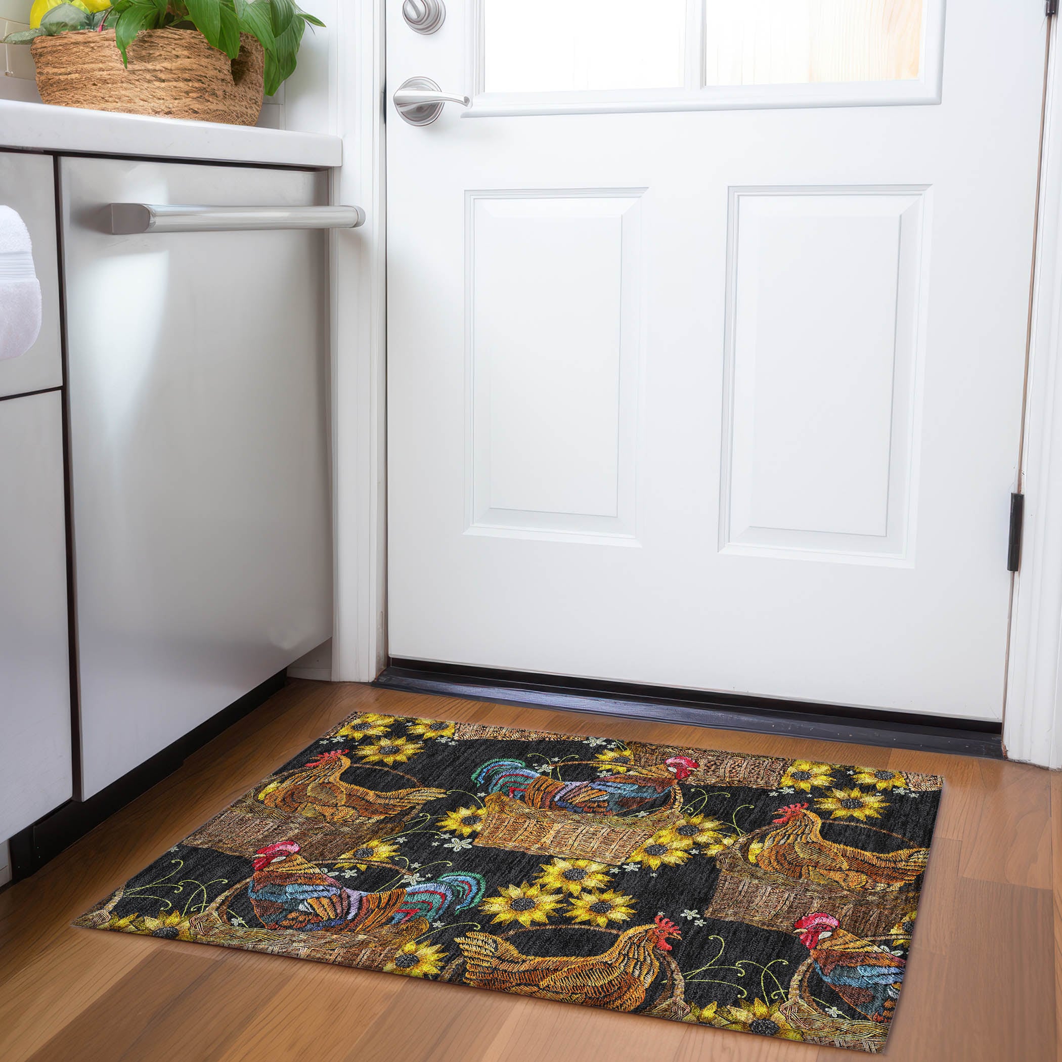 Black and Multicolor Synthetic Rectangular Washable Kitchen Rug