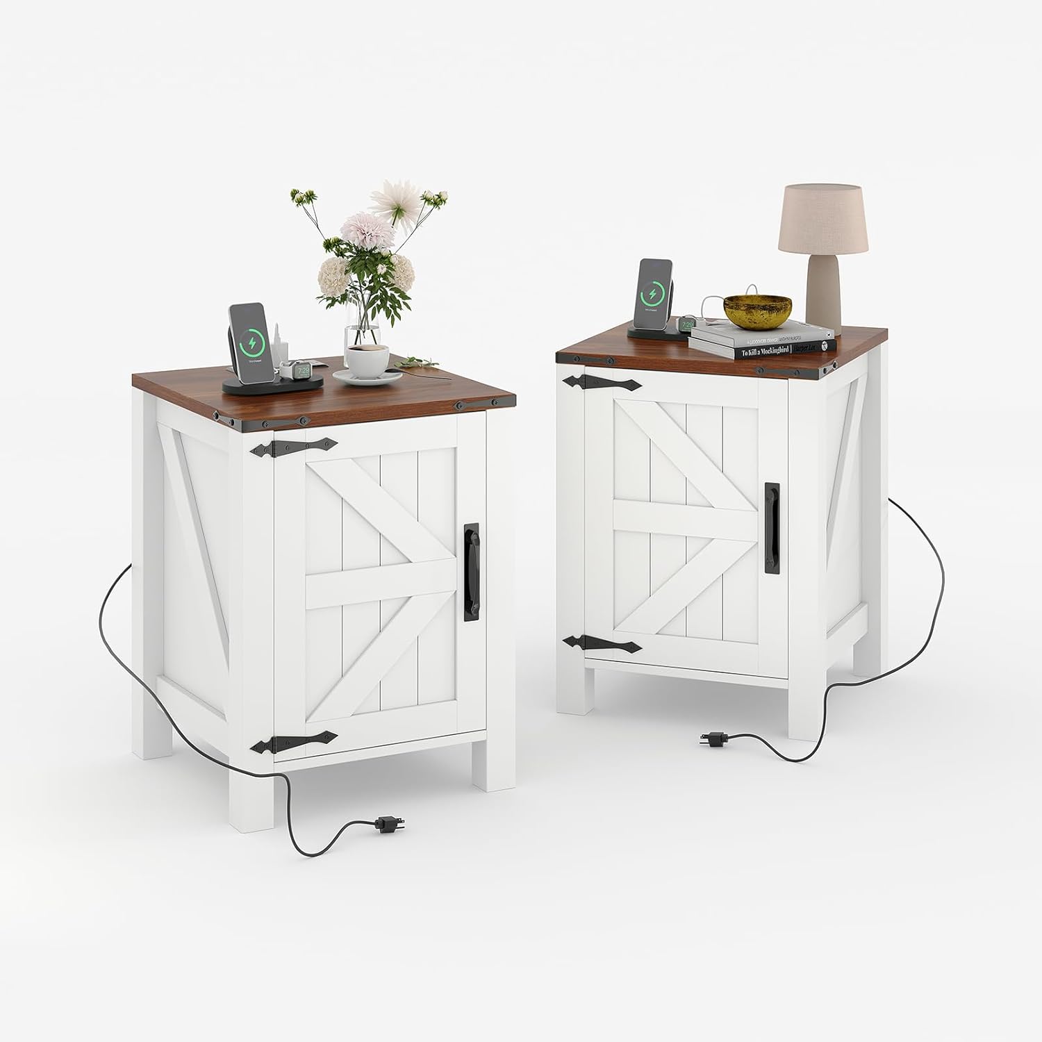 Garvee Farmhouse Nightstand with USB Charging Station/ 18 Inch Rustic Bedside Table with Sliding Barn Door and Adjustable Shelf for Home Office White Brown 2pcs